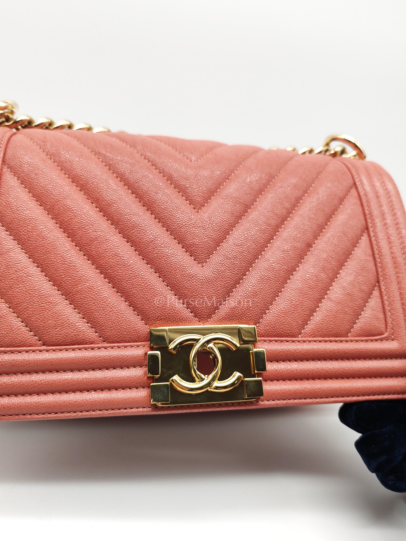 Boy Old Medium in Salmon Pink Chevron Calfskin Leather and Champagne Hardware Series 28 | Purse Maison Luxury Bags Shop