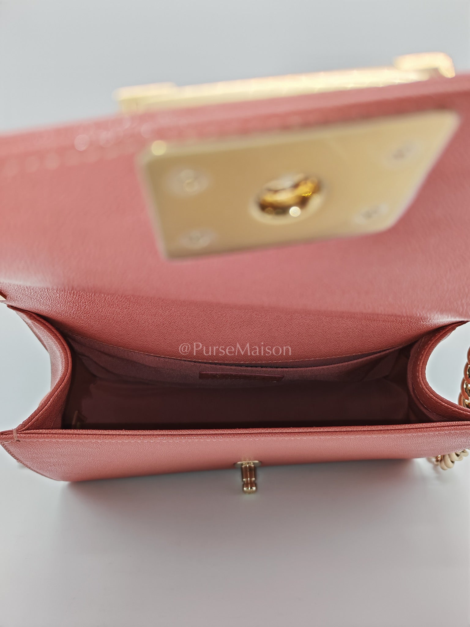 Boy Old Medium in Salmon Pink Chevron Calfskin Leather and Champagne Hardware Series 28 | Purse Maison Luxury Bags Shop