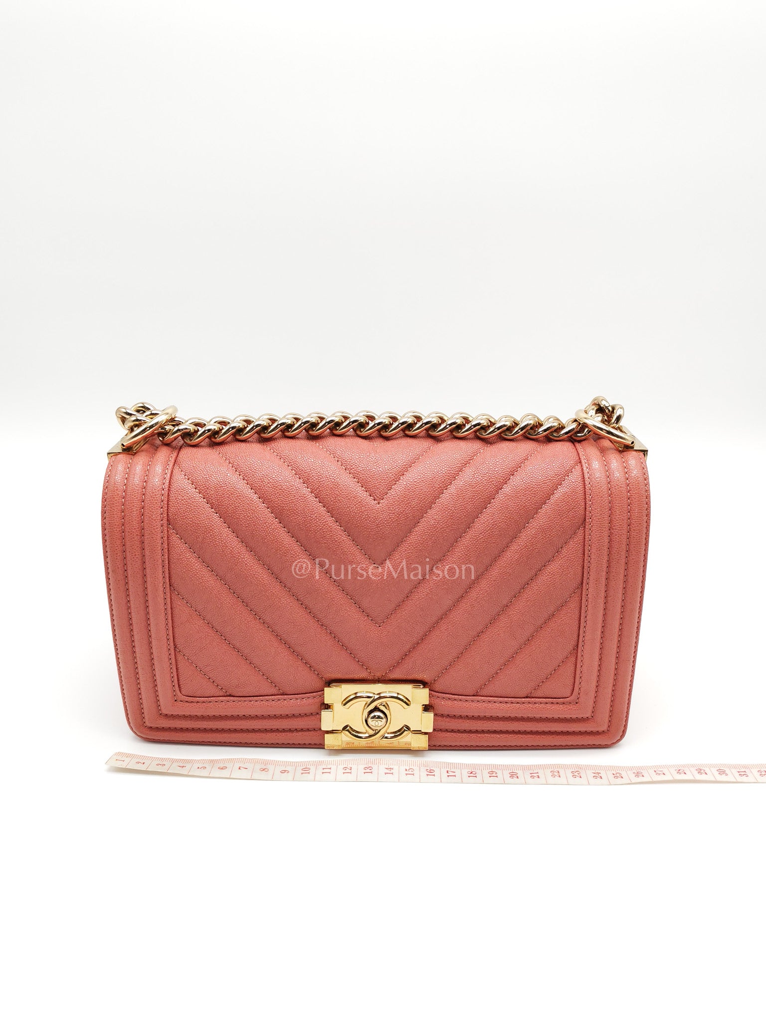 Boy Old Medium in Salmon Pink Chevron Calfskin Leather and Champagne Hardware Series 28 | Purse Maison Luxury Bags Shop