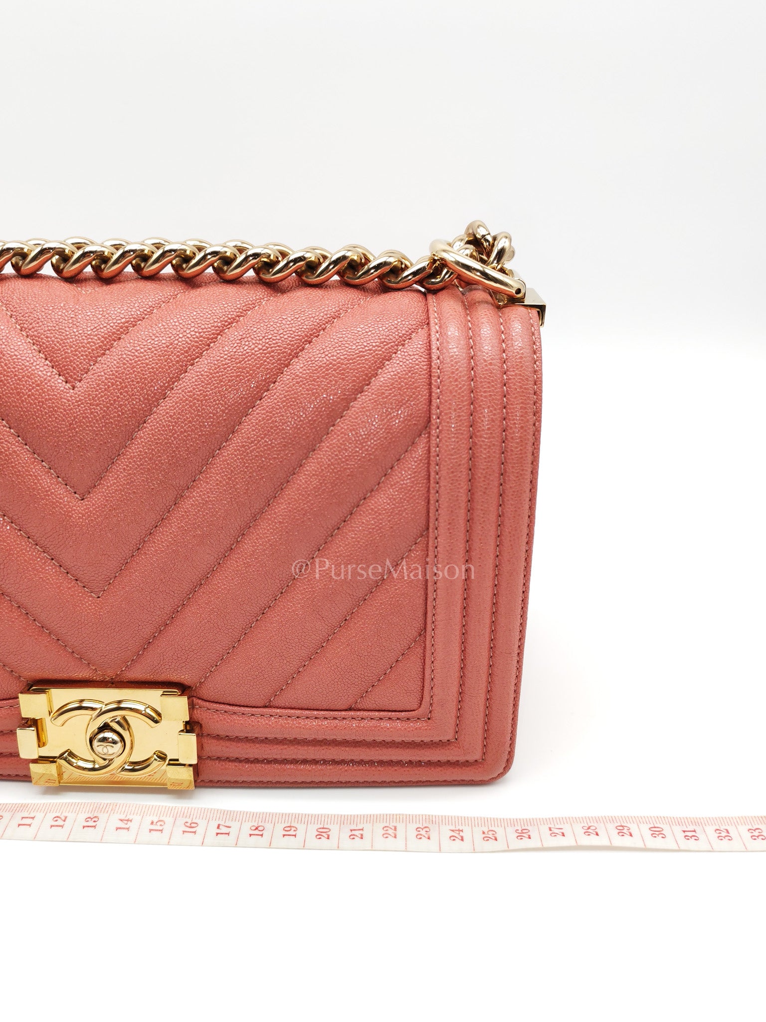 Boy Old Medium in Salmon Pink Chevron Calfskin Leather and Champagne Hardware Series 28 | Purse Maison Luxury Bags Shop