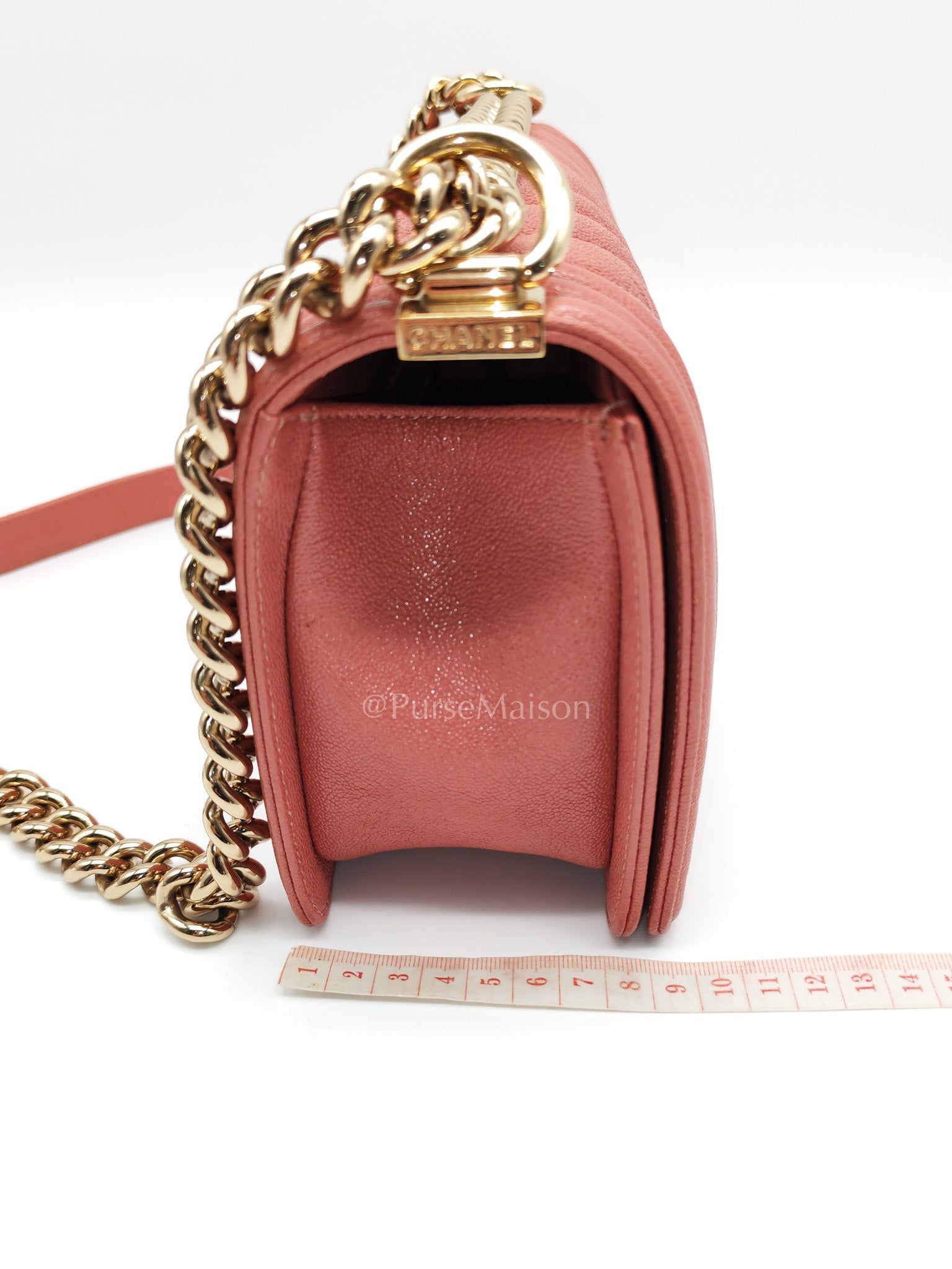 Boy Old Medium in Salmon Pink Chevron Calfskin Leather and Champagne Hardware Series 28 | Purse Maison Luxury Bags Shop