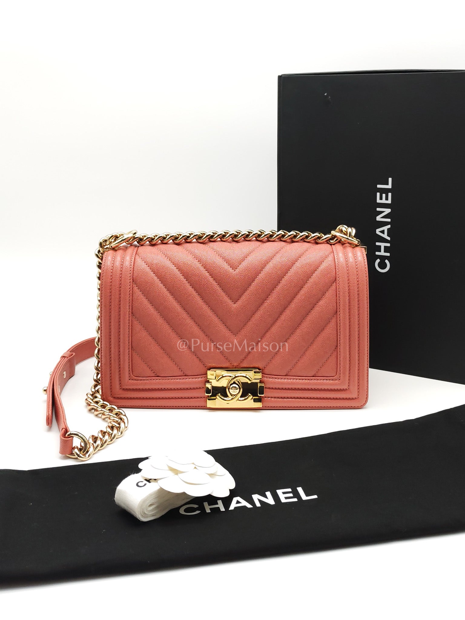 Boy Old Medium in Salmon Pink Chevron Calfskin Leather and Champagne Hardware Series 28 | Purse Maison Luxury Bags Shop