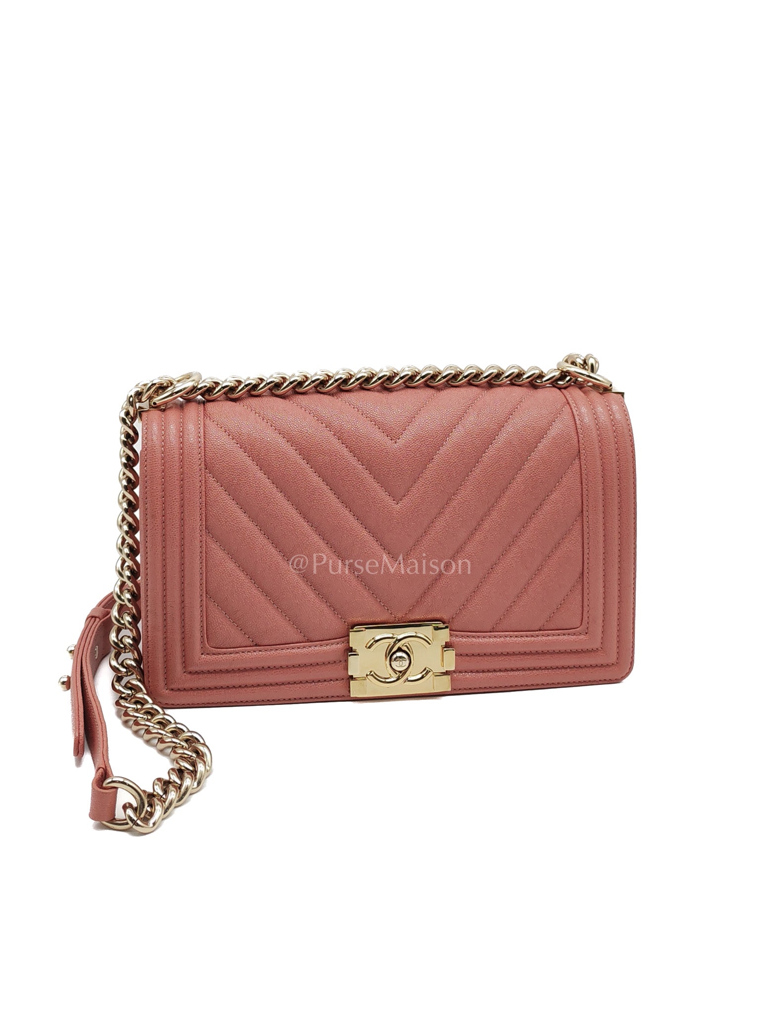 Boy Old Medium in Salmon Pink Chevron Calfskin Leather and Champagne Hardware Series 28 | Purse Maison Luxury Bags Shop