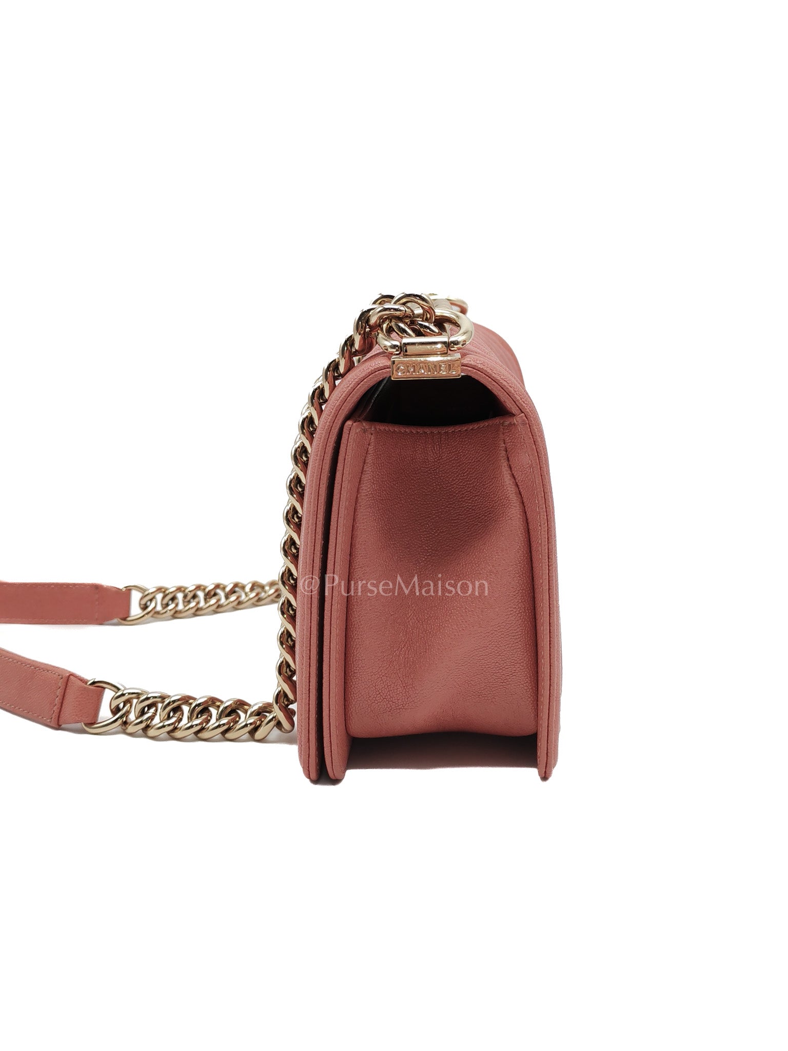 Boy Old Medium in Salmon Pink Chevron Calfskin Leather and Champagne Hardware Series 28 | Purse Maison Luxury Bags Shop