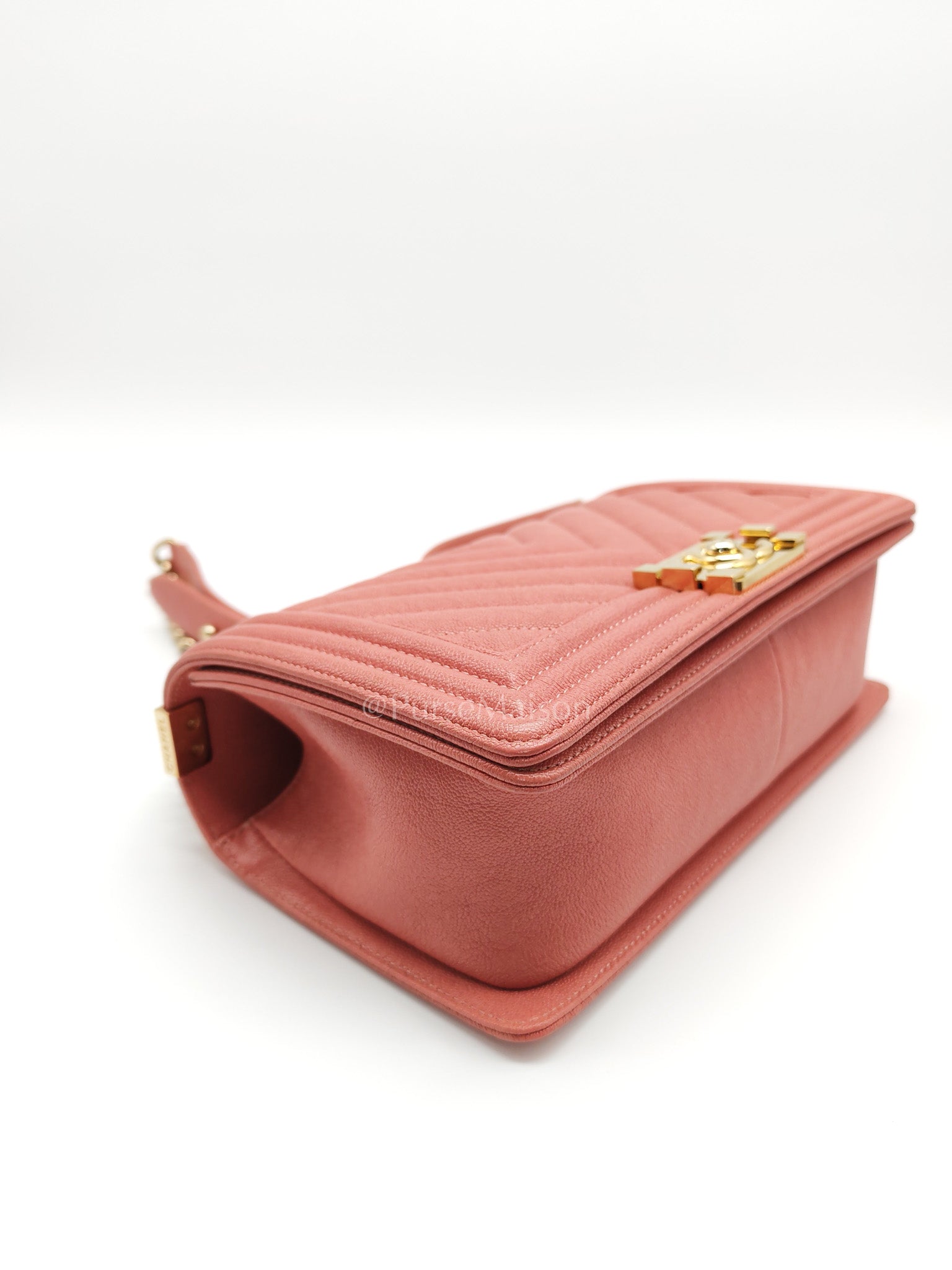 Boy Old Medium in Salmon Pink Chevron Calfskin Leather and Champagne Hardware Series 28 | Purse Maison Luxury Bags Shop