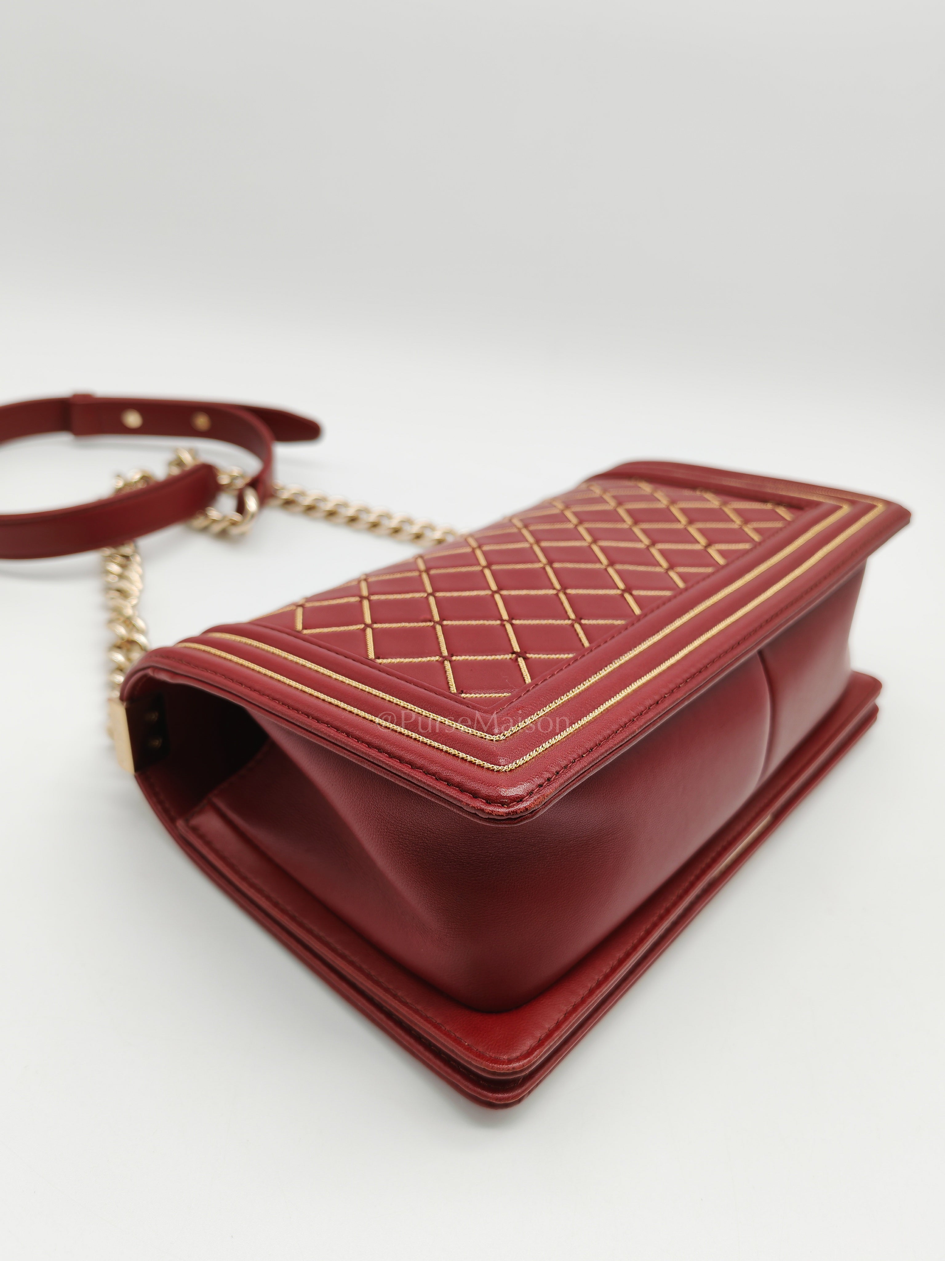Boy Old Medium in Striking Red Micro Quilted Calfskin Leather & Light Gold Hardware Series 24 | Purse Maison Luxury Bags Shop