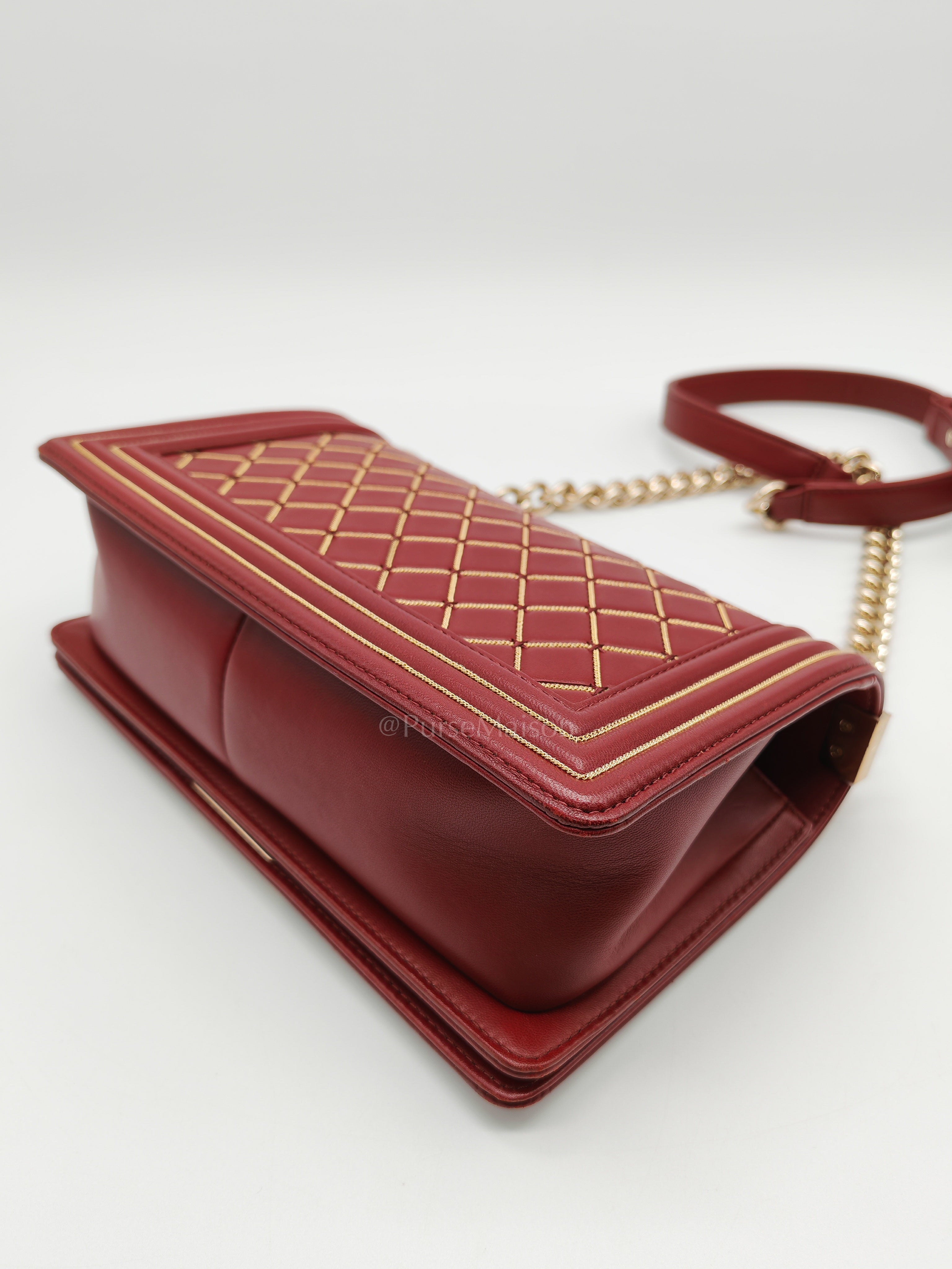 Boy Old Medium in Striking Red Micro Quilted Calfskin Leather & Light Gold Hardware Series 24 | Purse Maison Luxury Bags Shop