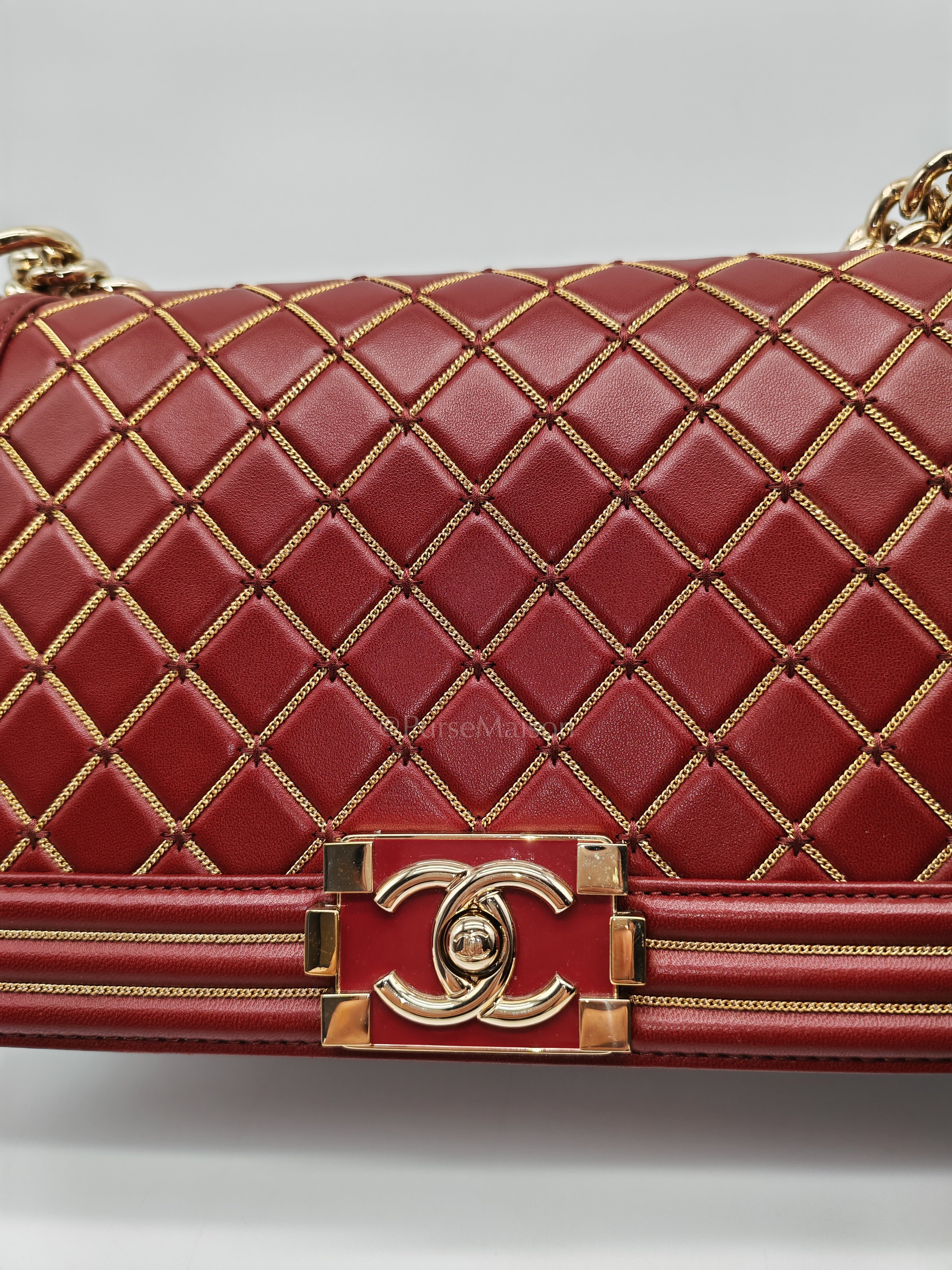 Boy Old Medium in Striking Red Micro Quilted Calfskin Leather & Light Gold Hardware Series 24 | Purse Maison Luxury Bags Shop