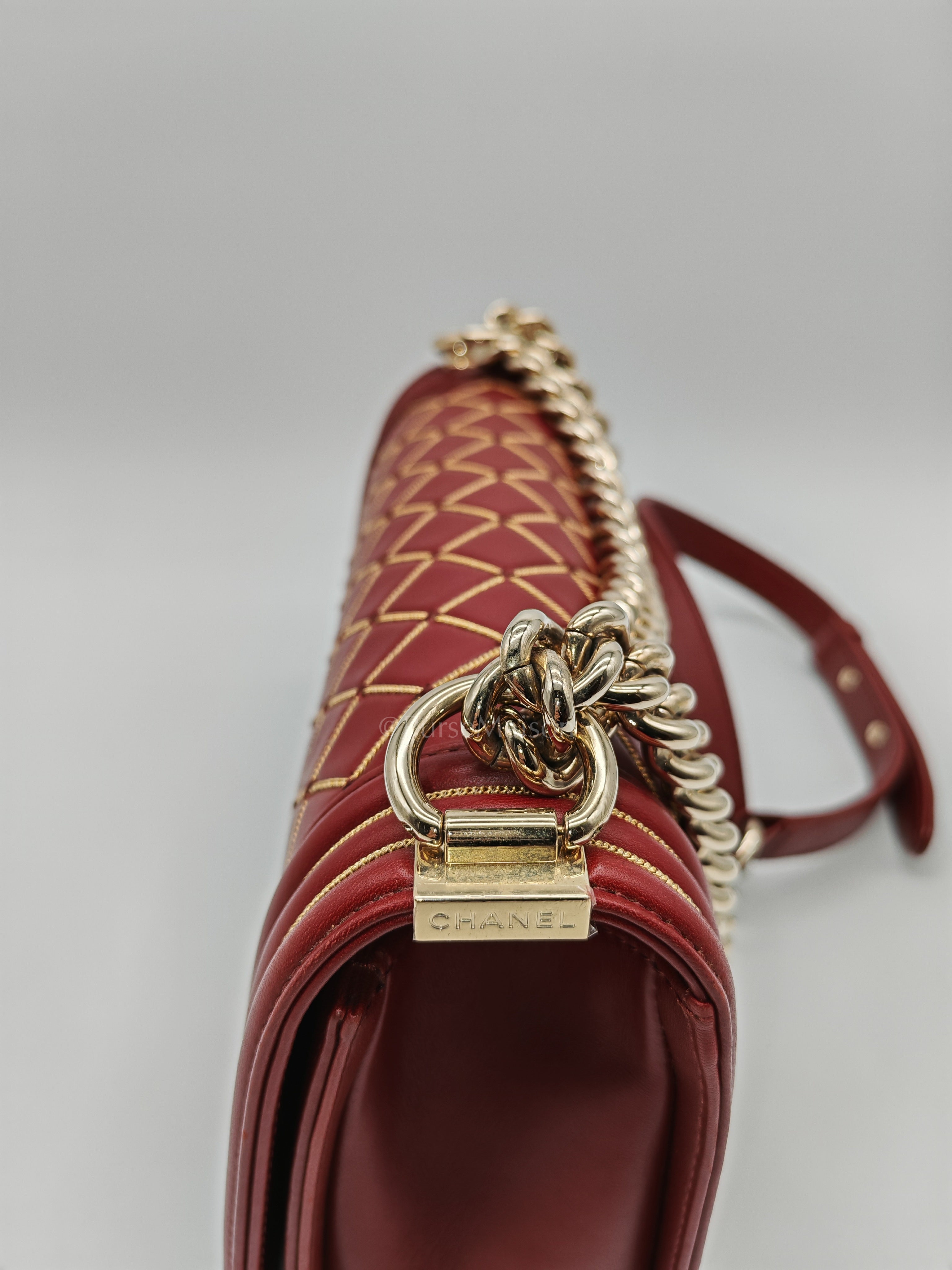 Boy Old Medium in Striking Red Micro Quilted Calfskin Leather & Light Gold Hardware Series 24 | Purse Maison Luxury Bags Shop
