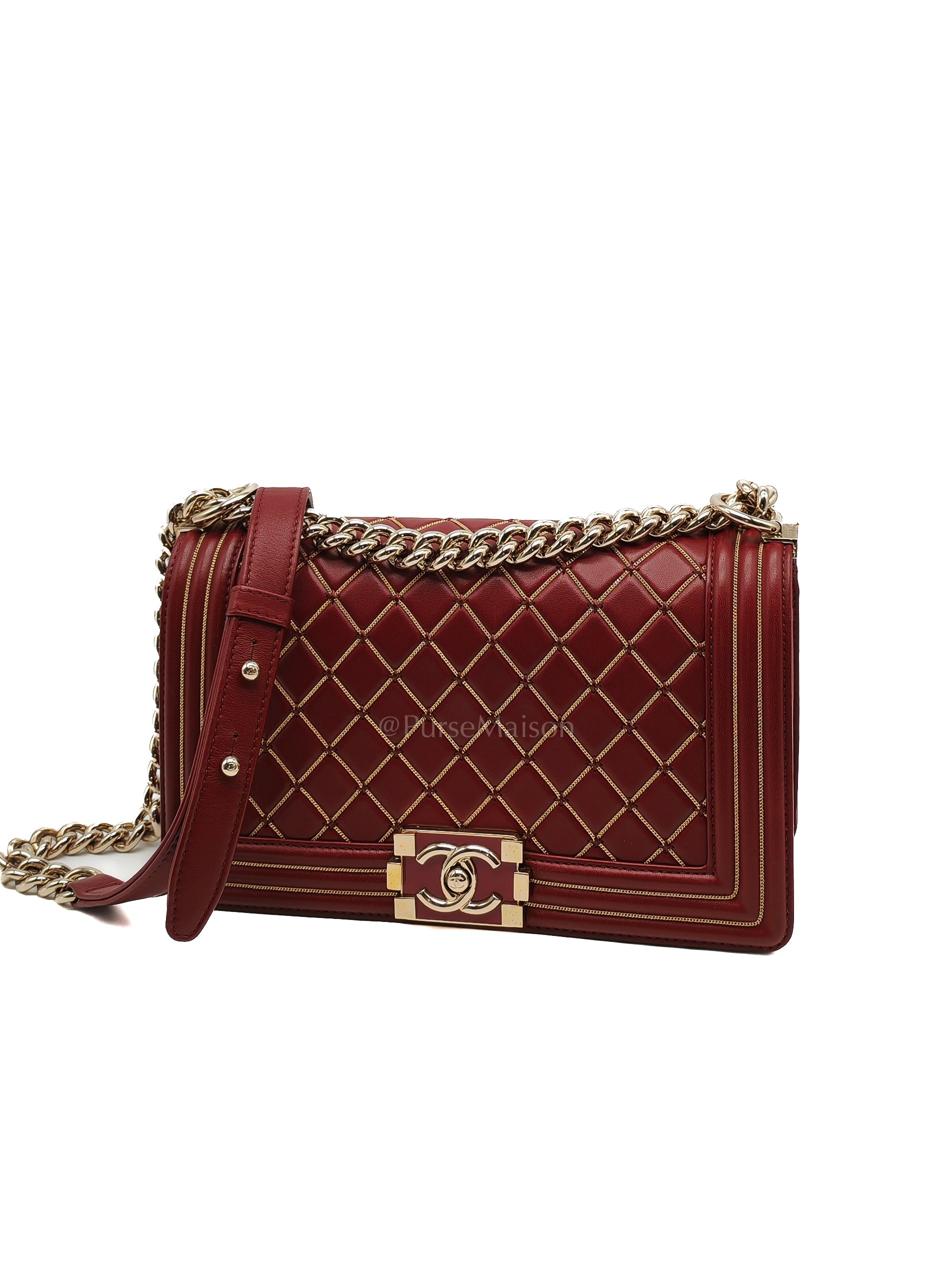 Boy Old Medium in Striking Red Micro Quilted Calfskin Leather & Light Gold Hardware Series 24 | Purse Maison Luxury Bags Shop