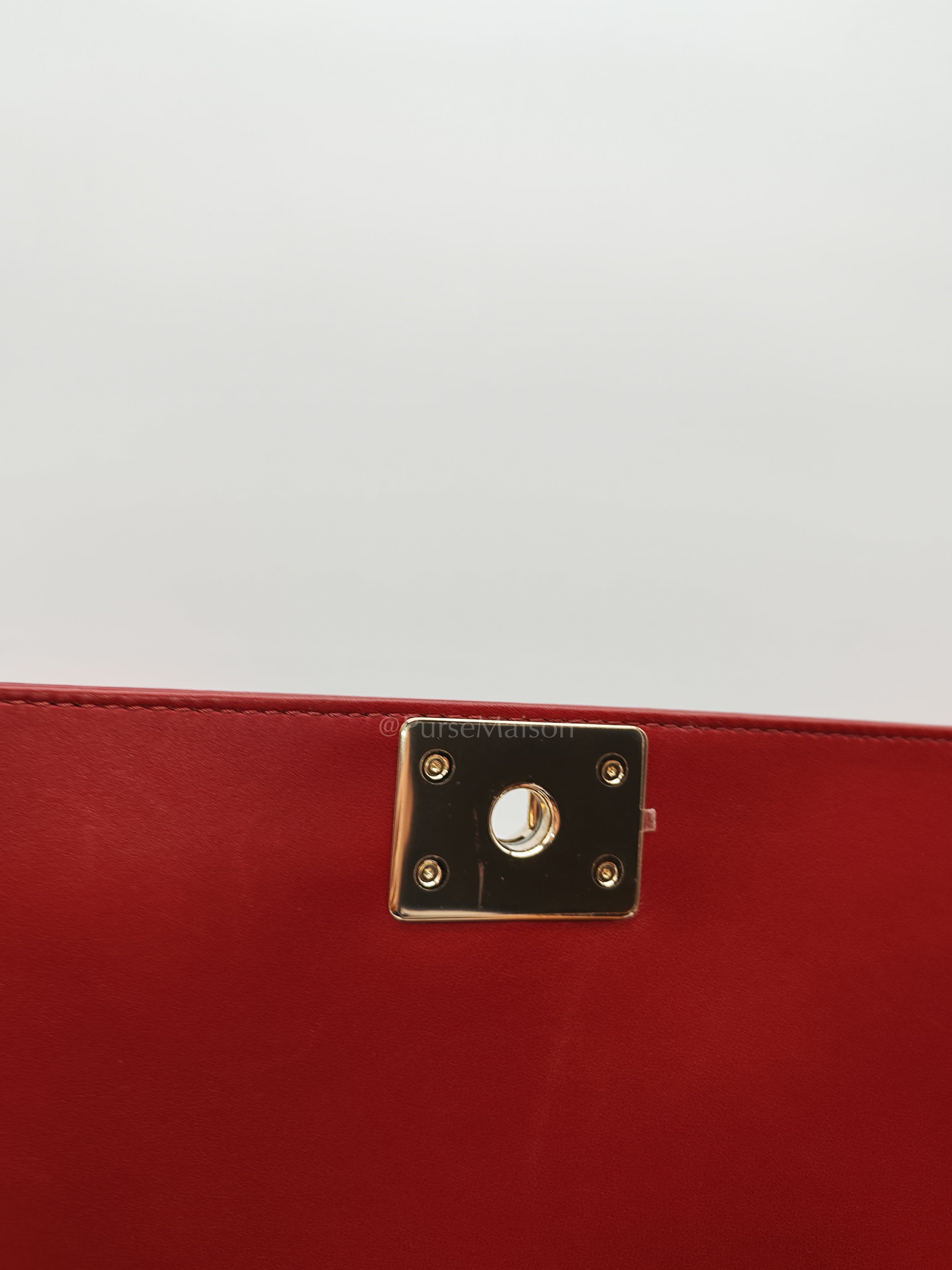 Boy Old Medium in Striking Red Micro Quilted Calfskin Leather & Light Gold Hardware Series 24 | Purse Maison Luxury Bags Shop