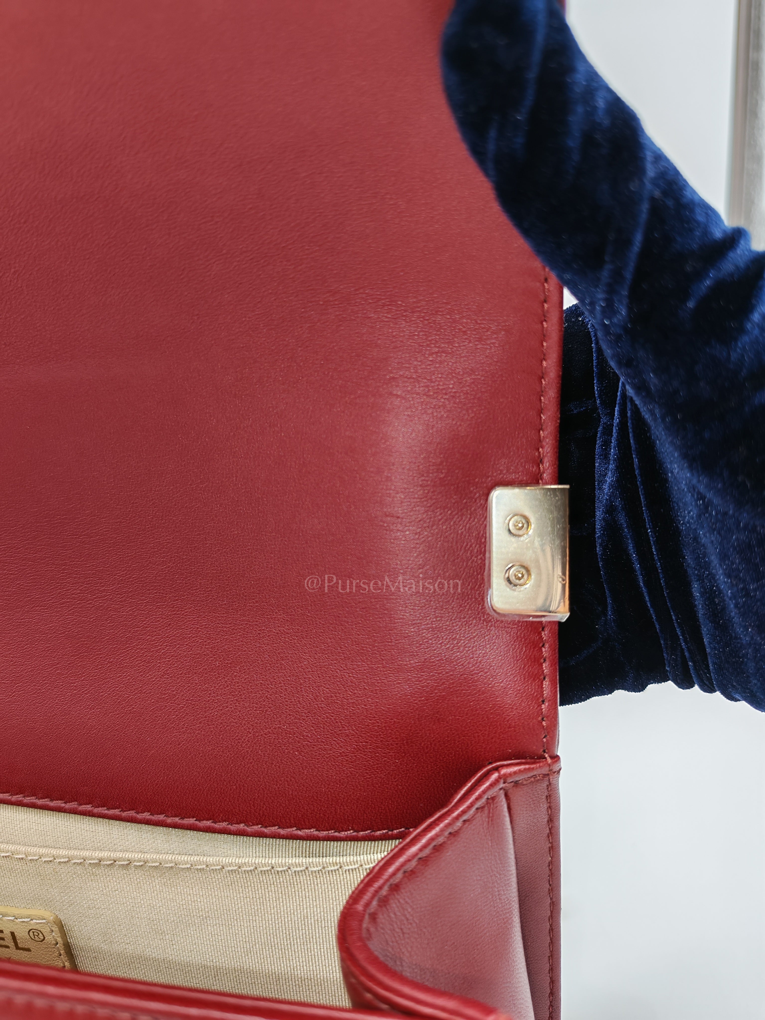 Boy Old Medium in Striking Red Micro Quilted Calfskin Leather & Light Gold Hardware Series 24 | Purse Maison Luxury Bags Shop