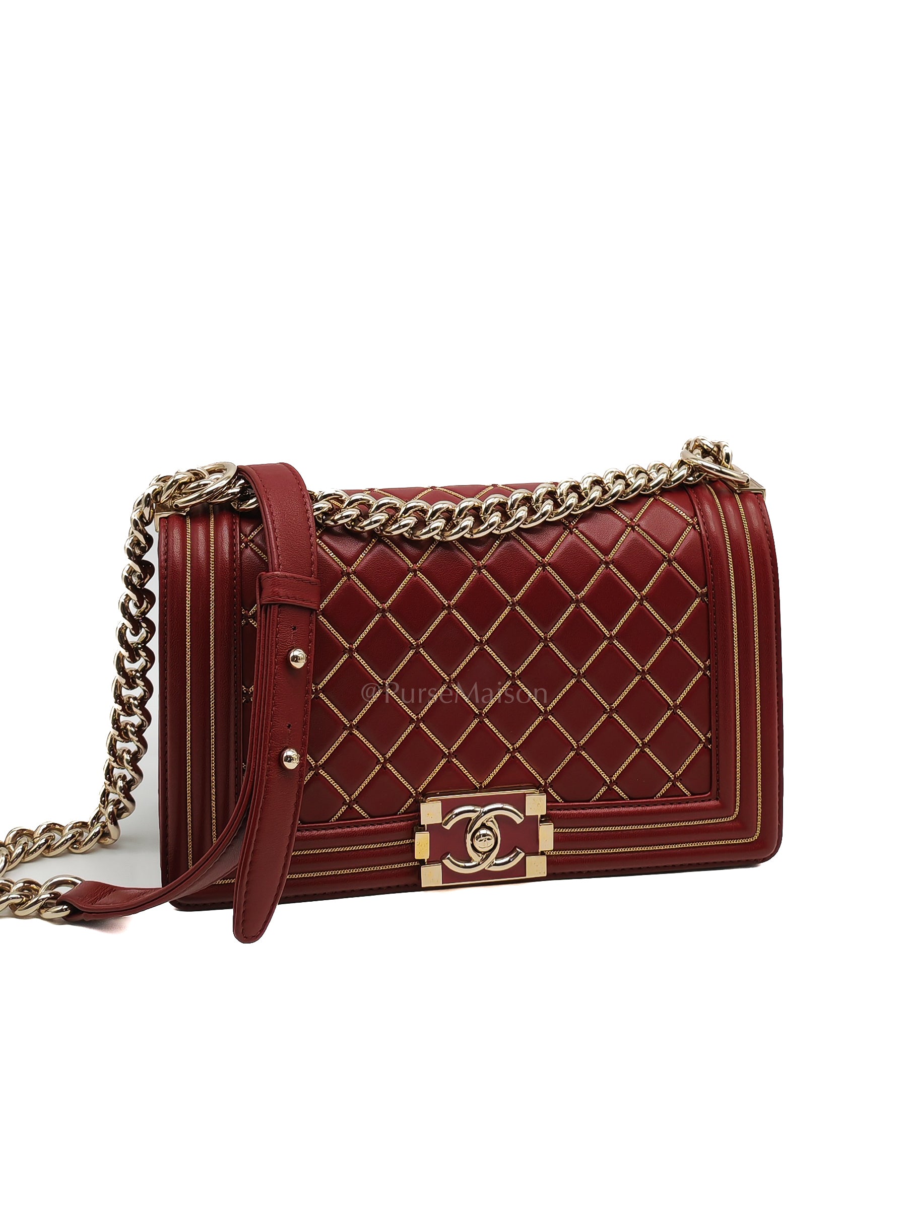 Boy Old Medium in Striking Red Micro Quilted Calfskin Leather & Light Gold Hardware Series 24 | Purse Maison Luxury Bags Shop