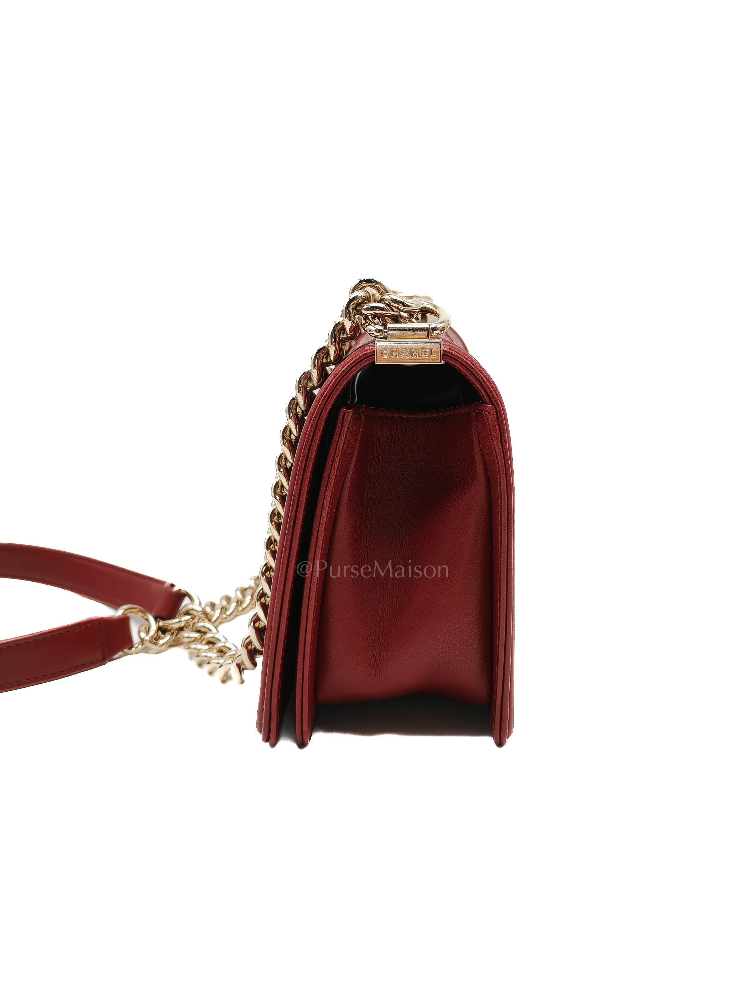 Boy Old Medium in Striking Red Micro Quilted Calfskin Leather & Light Gold Hardware Series 24 | Purse Maison Luxury Bags Shop