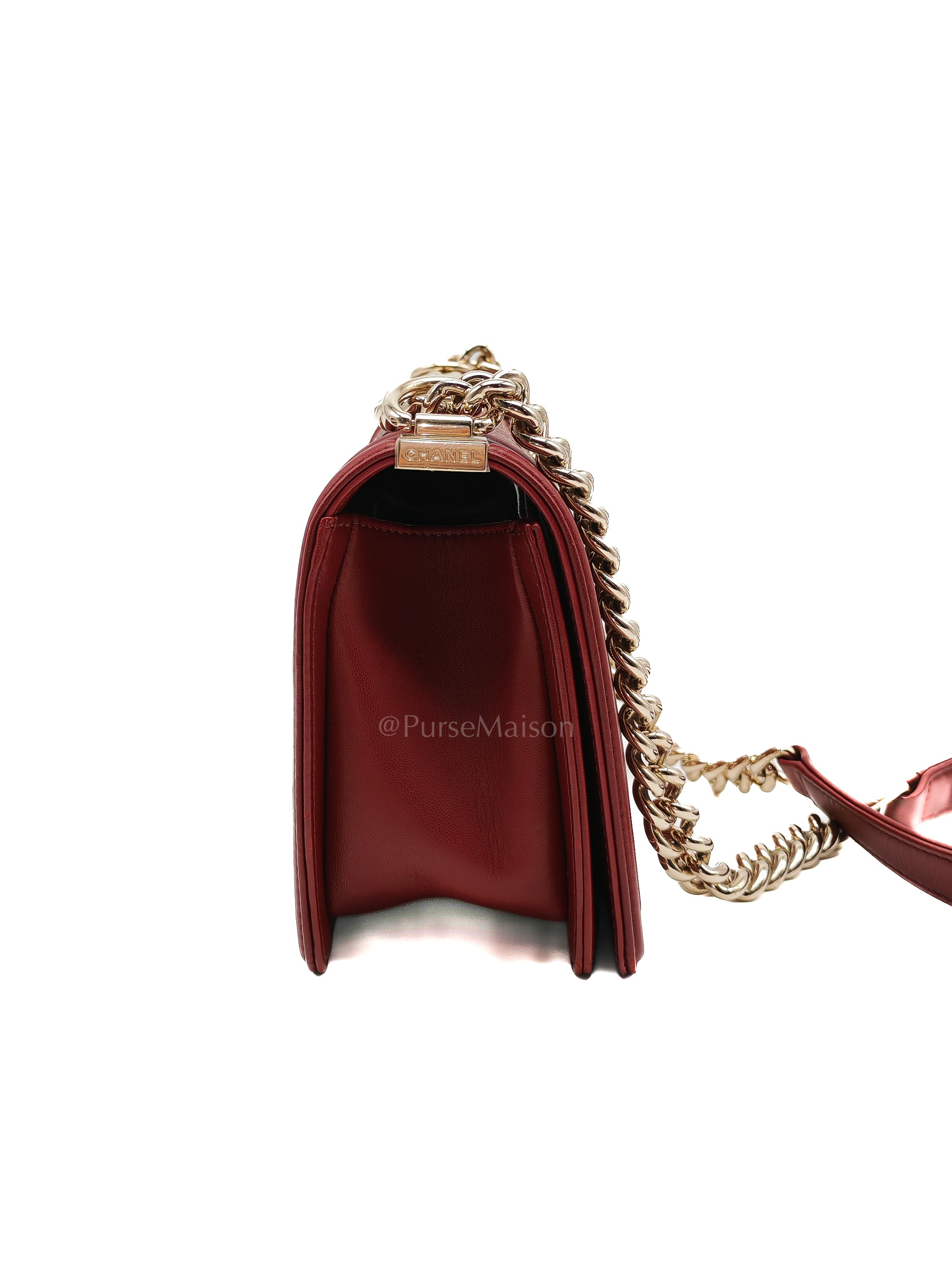 Boy Old Medium in Striking Red Micro Quilted Calfskin Leather & Light Gold Hardware Series 24 | Purse Maison Luxury Bags Shop