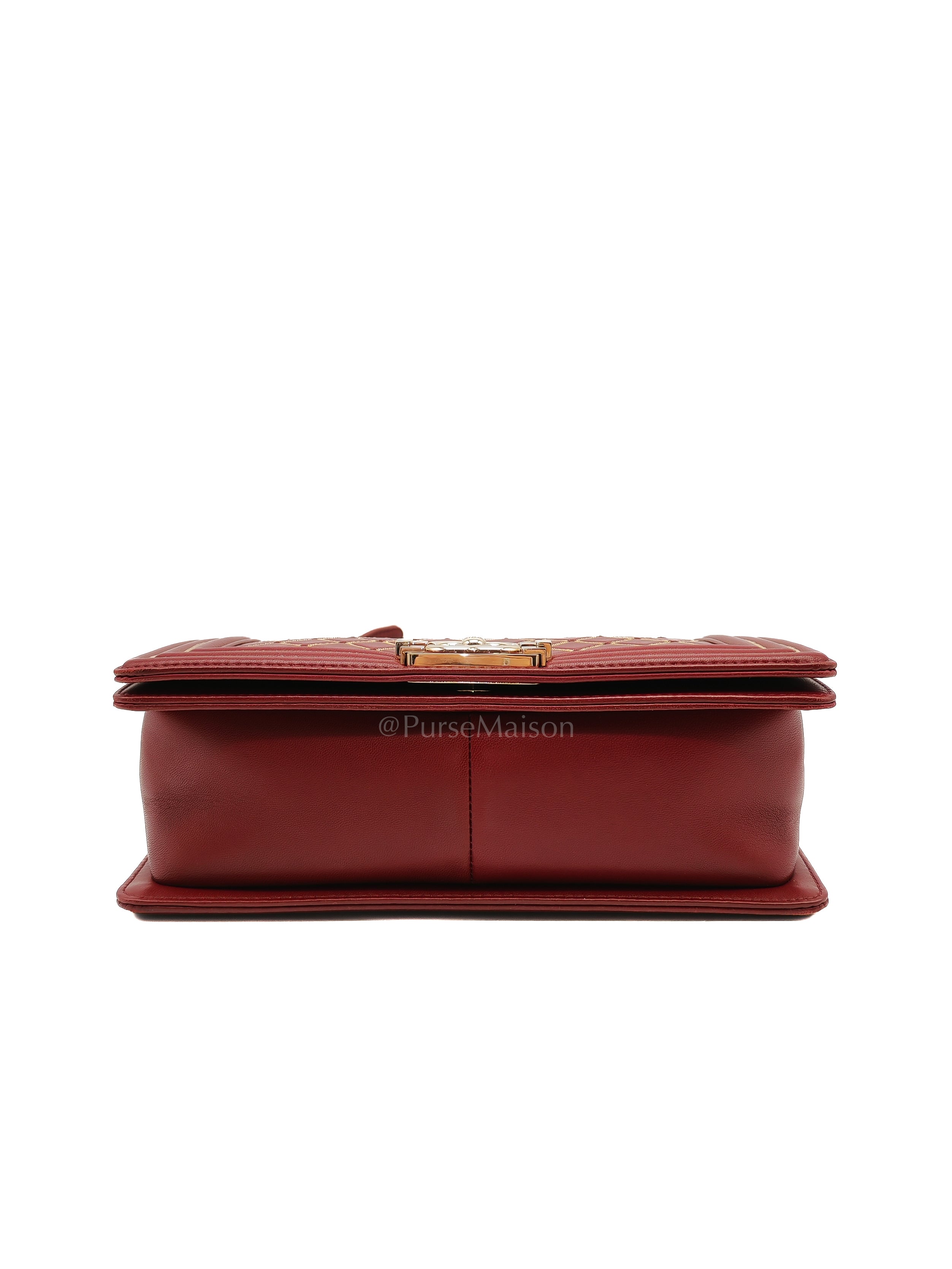 Boy Old Medium in Striking Red Micro Quilted Calfskin Leather & Light Gold Hardware Series 24 | Purse Maison Luxury Bags Shop