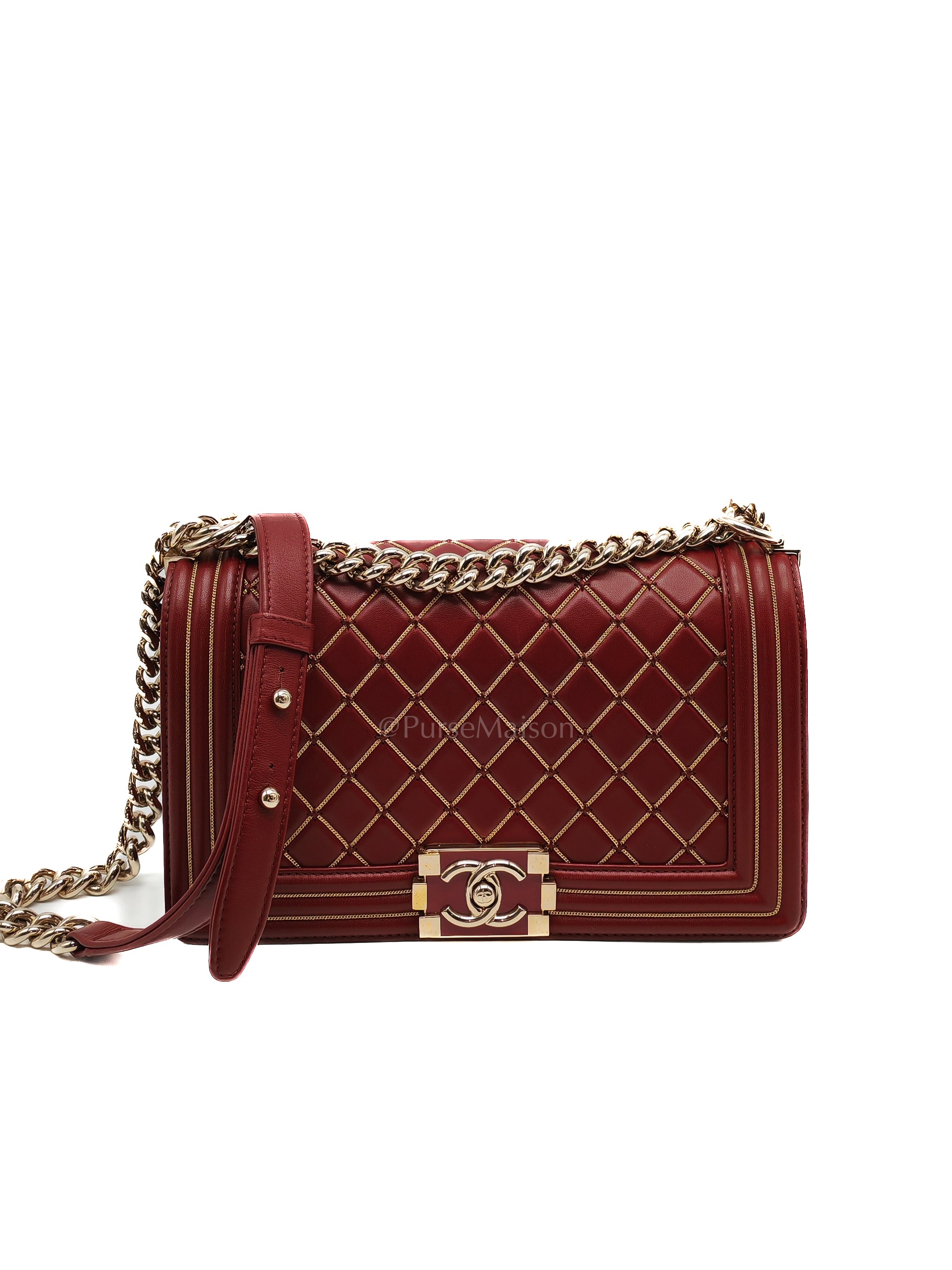 Boy Old Medium in Striking Red Micro Quilted Calfskin Leather & Light Gold Hardware Series 24 | Purse Maison Luxury Bags Shop