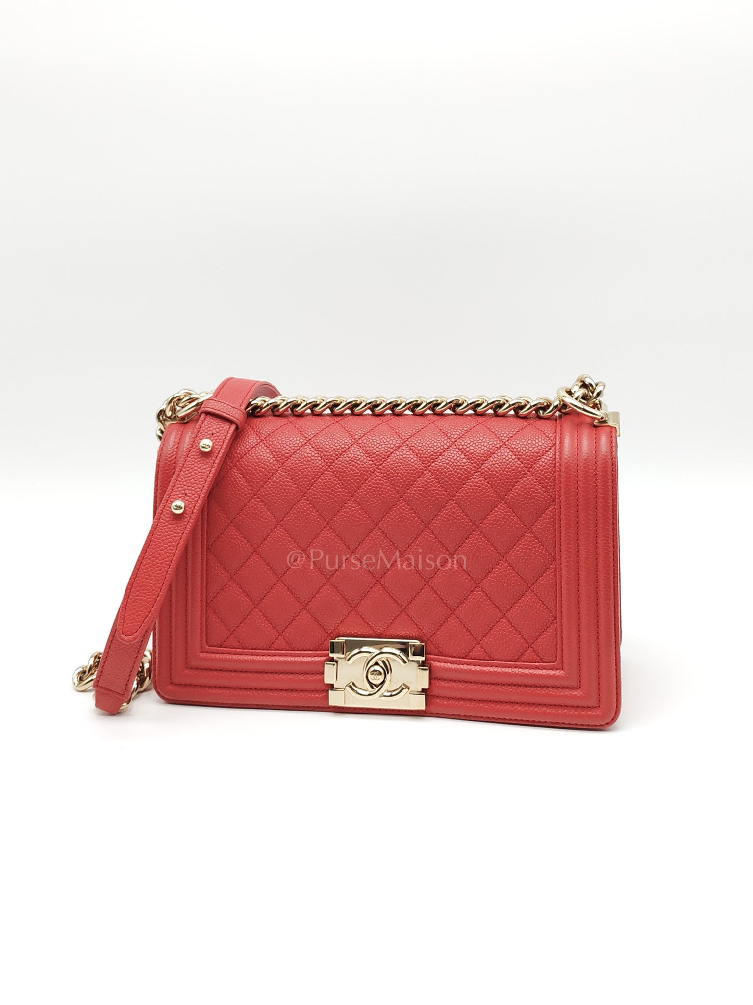 Boy Old Medium Red Quilted Caviar Leather and Champagne Hardware Series 28 | Purse Maison Luxury Bags Shop