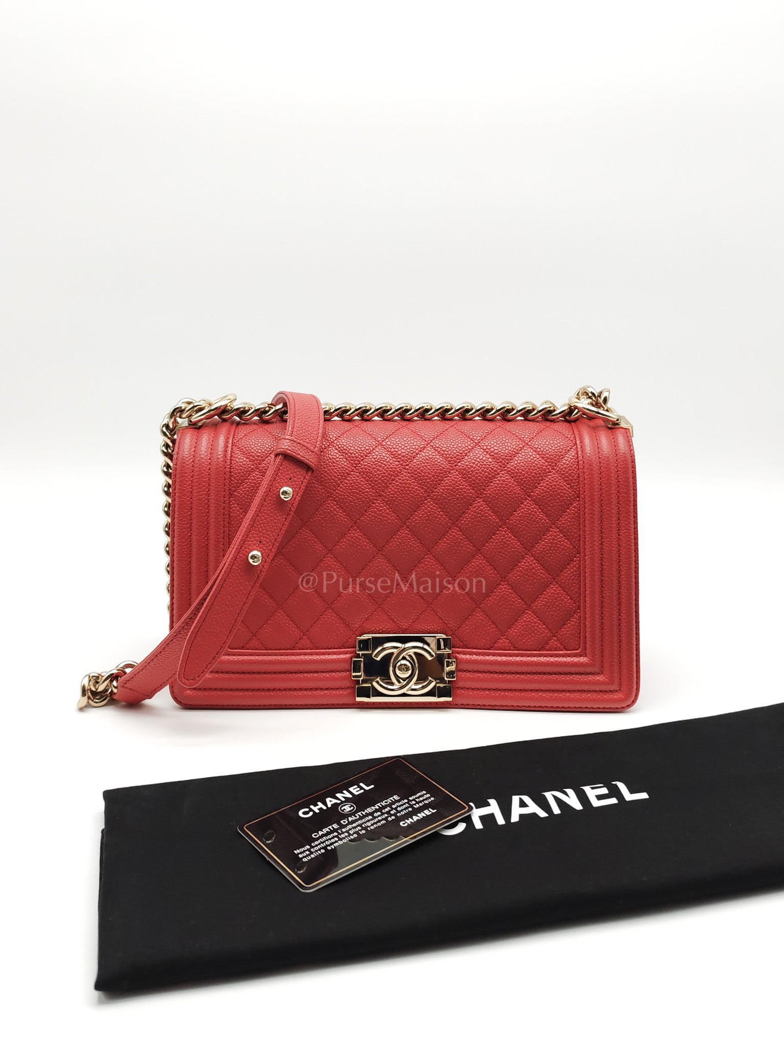 Boy Old Medium Red Quilted Caviar Leather and Champagne Hardware Series 28 | Purse Maison Luxury Bags Shop