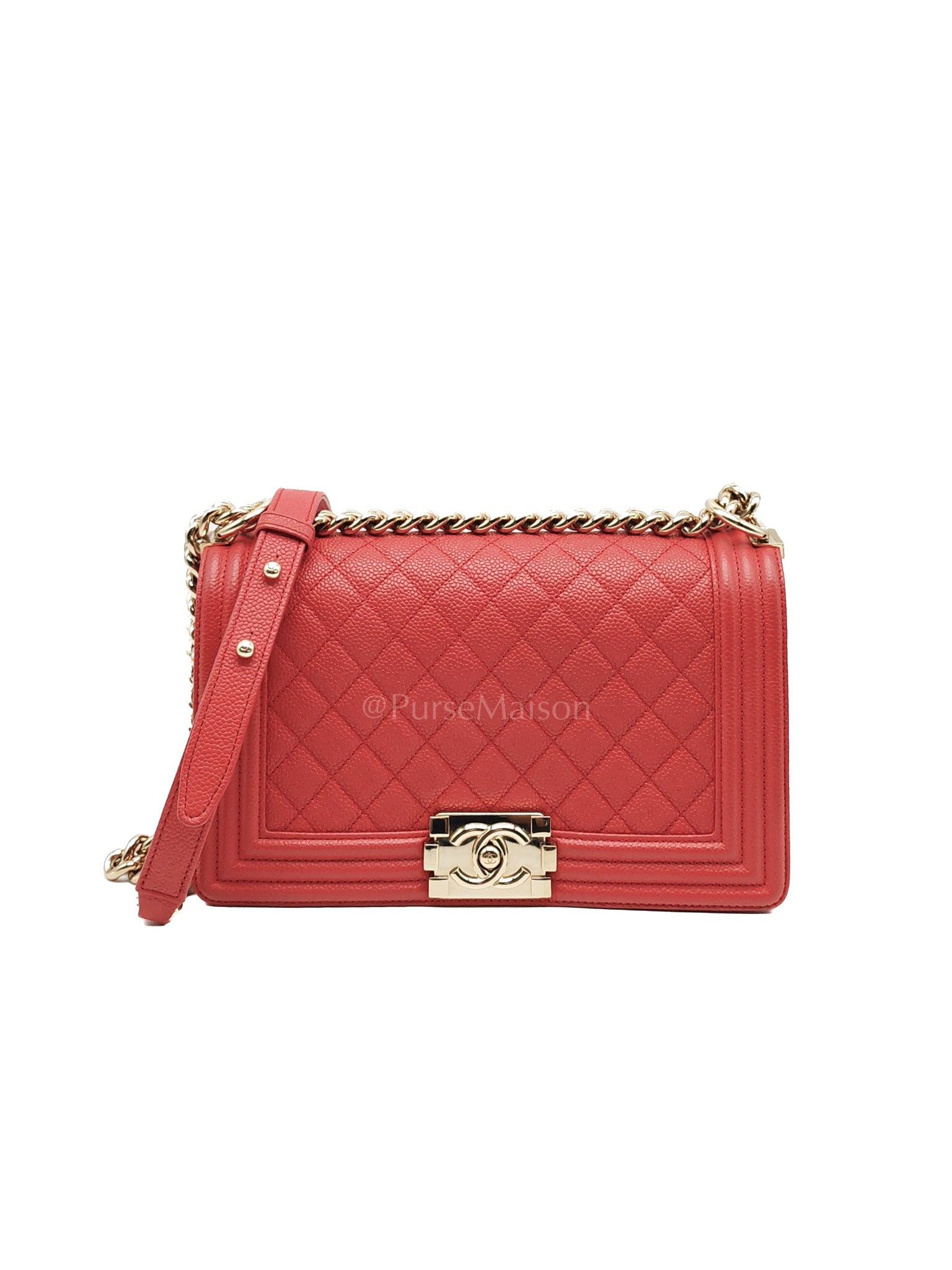 Boy Old Medium Red Quilted Caviar Leather and Champagne Hardware Series 28 | Purse Maison Luxury Bags Shop