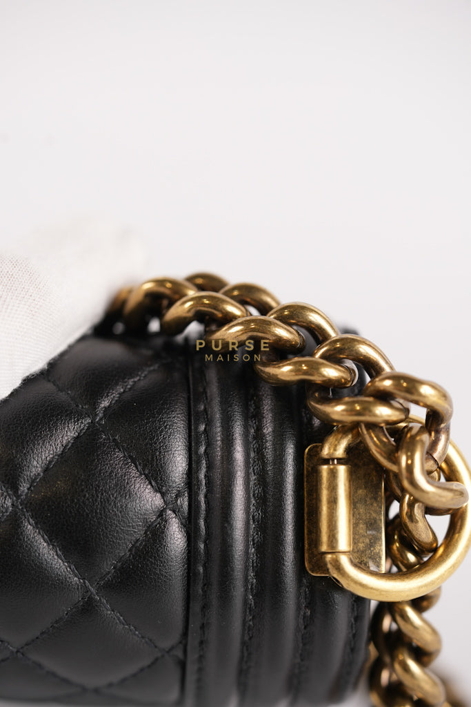 Boy Small Black Gripoix Quilted Lambskin Leather in Aged Gold Hardware Series 30 | Purse Maison Luxury Bags Shop