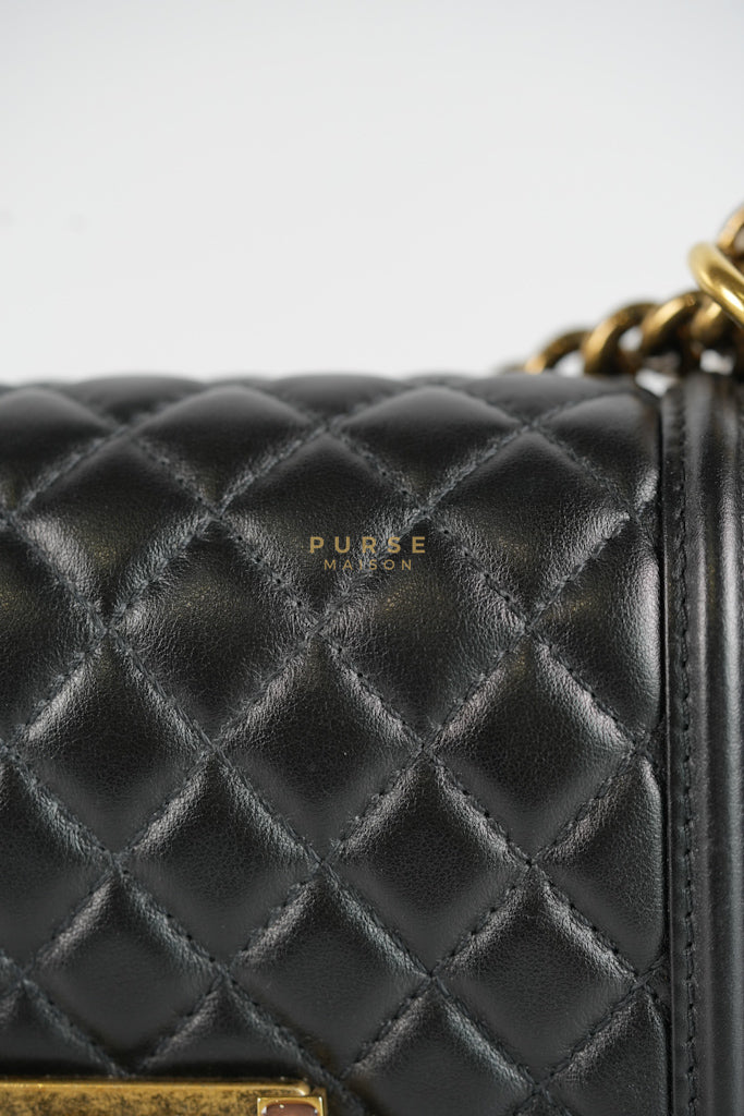 Boy Small Black Gripoix Quilted Lambskin Leather in Aged Gold Hardware Series 30 | Purse Maison Luxury Bags Shop