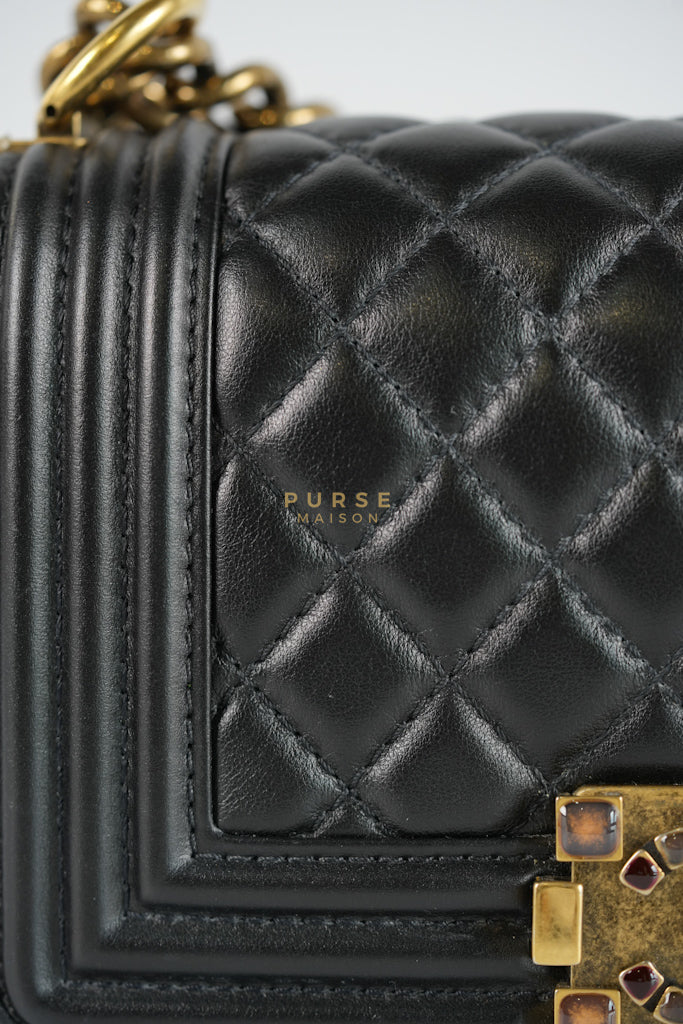 Boy Small Black Gripoix Quilted Lambskin Leather in Aged Gold Hardware Series 30 | Purse Maison Luxury Bags Shop
