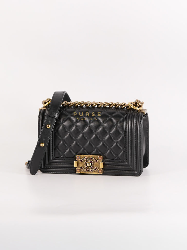 Boy Small Black Gripoix Quilted Lambskin Leather in Aged Gold Hardware Series 30 | Purse Maison Luxury Bags Shop