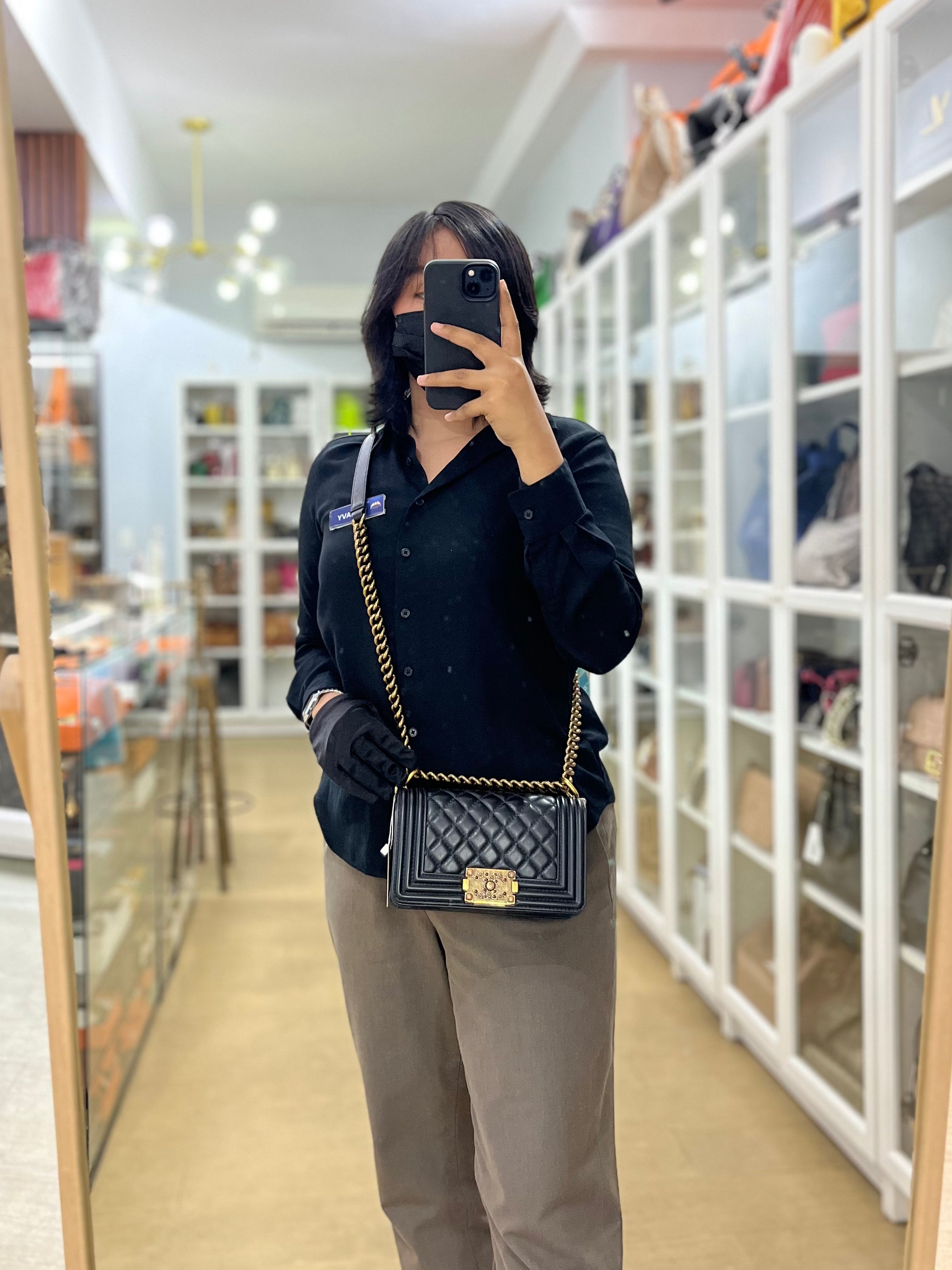 Boy Small Black Gripoix Quilted Lambskin Leather in Aged Gold Hardware Series 30 | Purse Maison Luxury Bags Shop