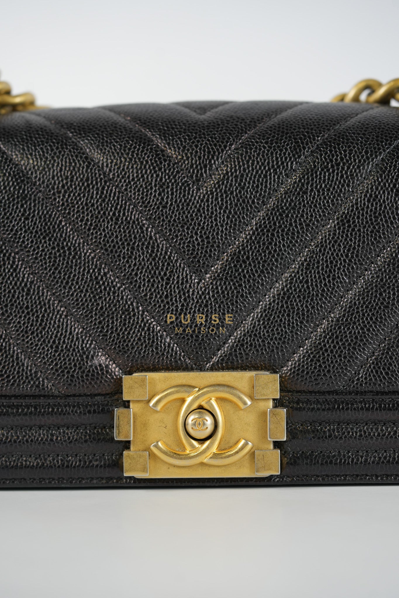 Boy Small Chevron in Black Caviar Leather and Aged Gold Hardware Series 24 | Purse Maison Luxury Bags Shop