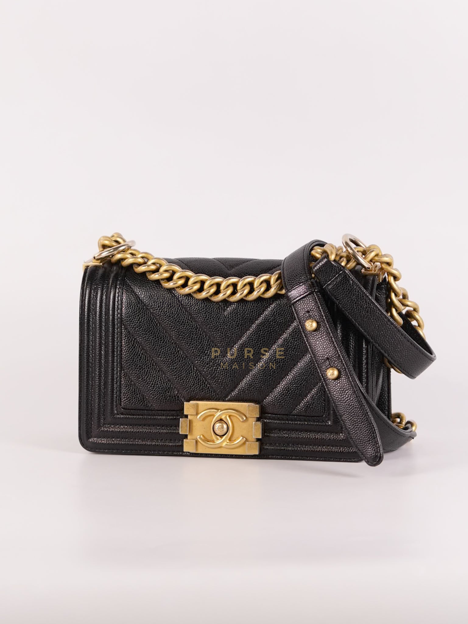 Boy Small Chevron in Black Caviar Leather and Aged Gold Hardware Series 24 | Purse Maison Luxury Bags Shop