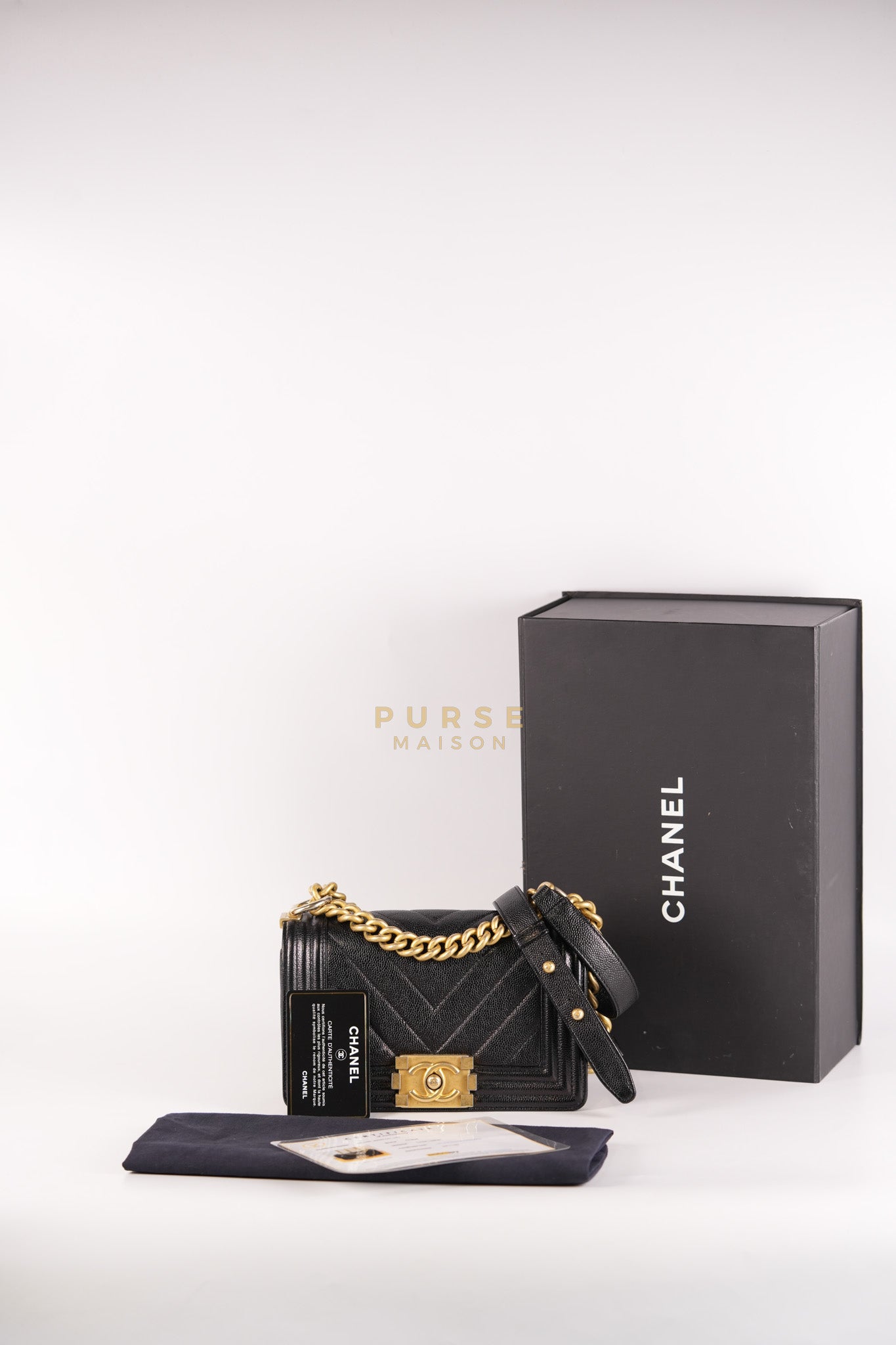 Boy Small Chevron in Black Caviar Leather and Aged Gold Hardware Series 24 | Purse Maison Luxury Bags Shop