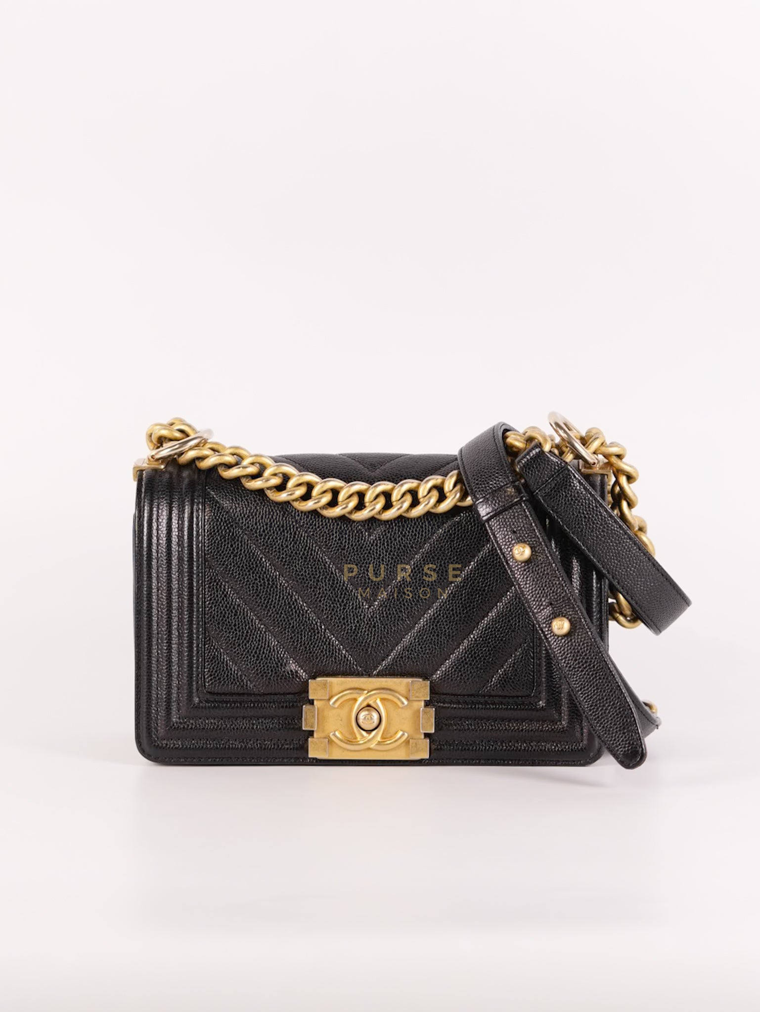 Boy Small Chevron in Black Caviar Leather and Aged Gold Hardware Series 24 | Purse Maison Luxury Bags Shop