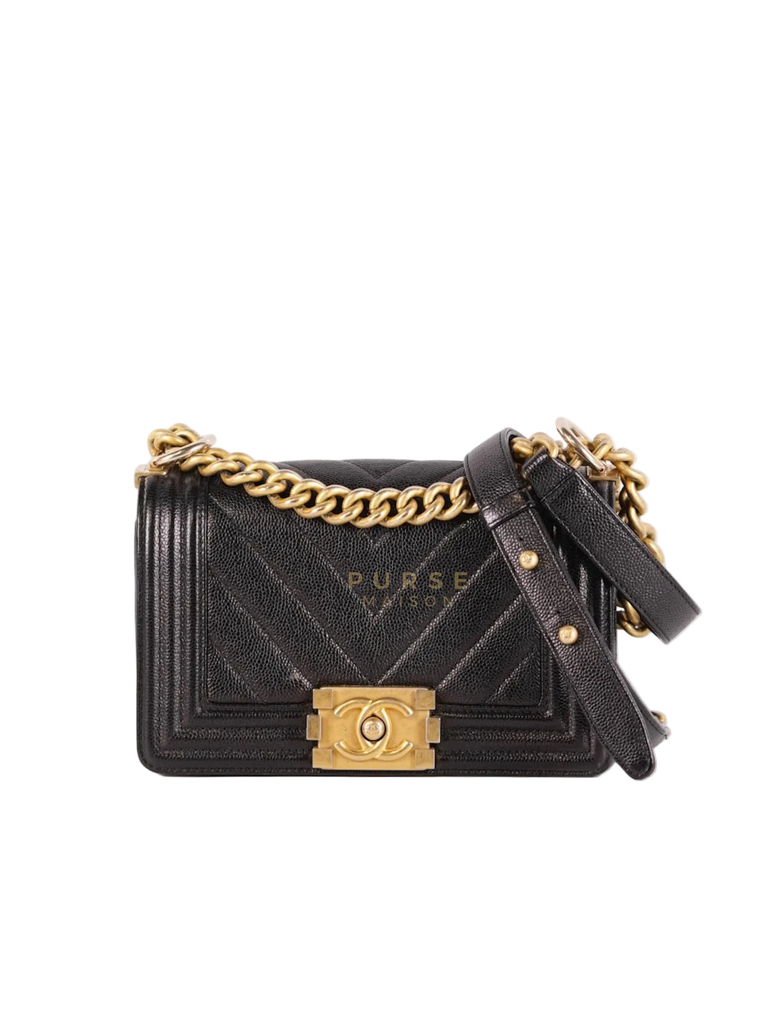 Boy Small Chevron in Black Caviar Leather and Aged Gold Hardware Series 24 | Purse Maison Luxury Bags Shop