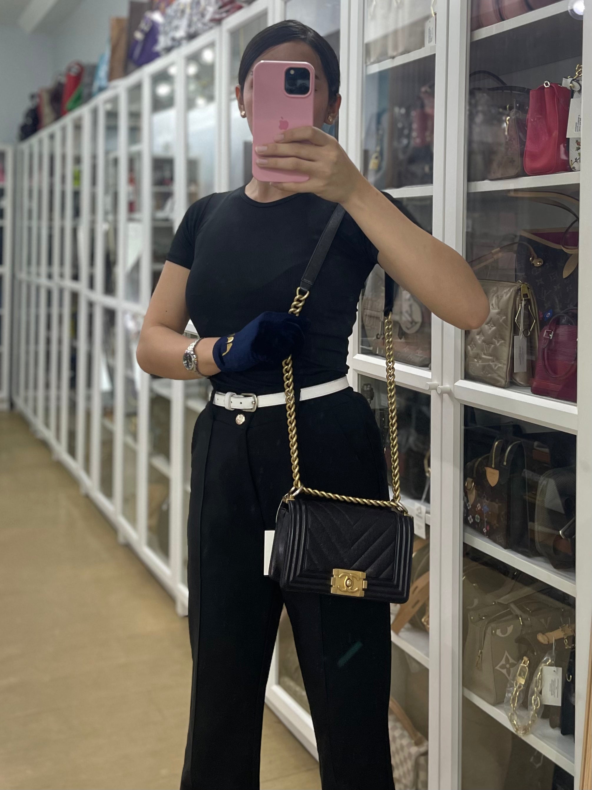 Boy Small Chevron in Black Caviar Leather and Aged Gold Hardware Series 24 | Purse Maison Luxury Bags Shop