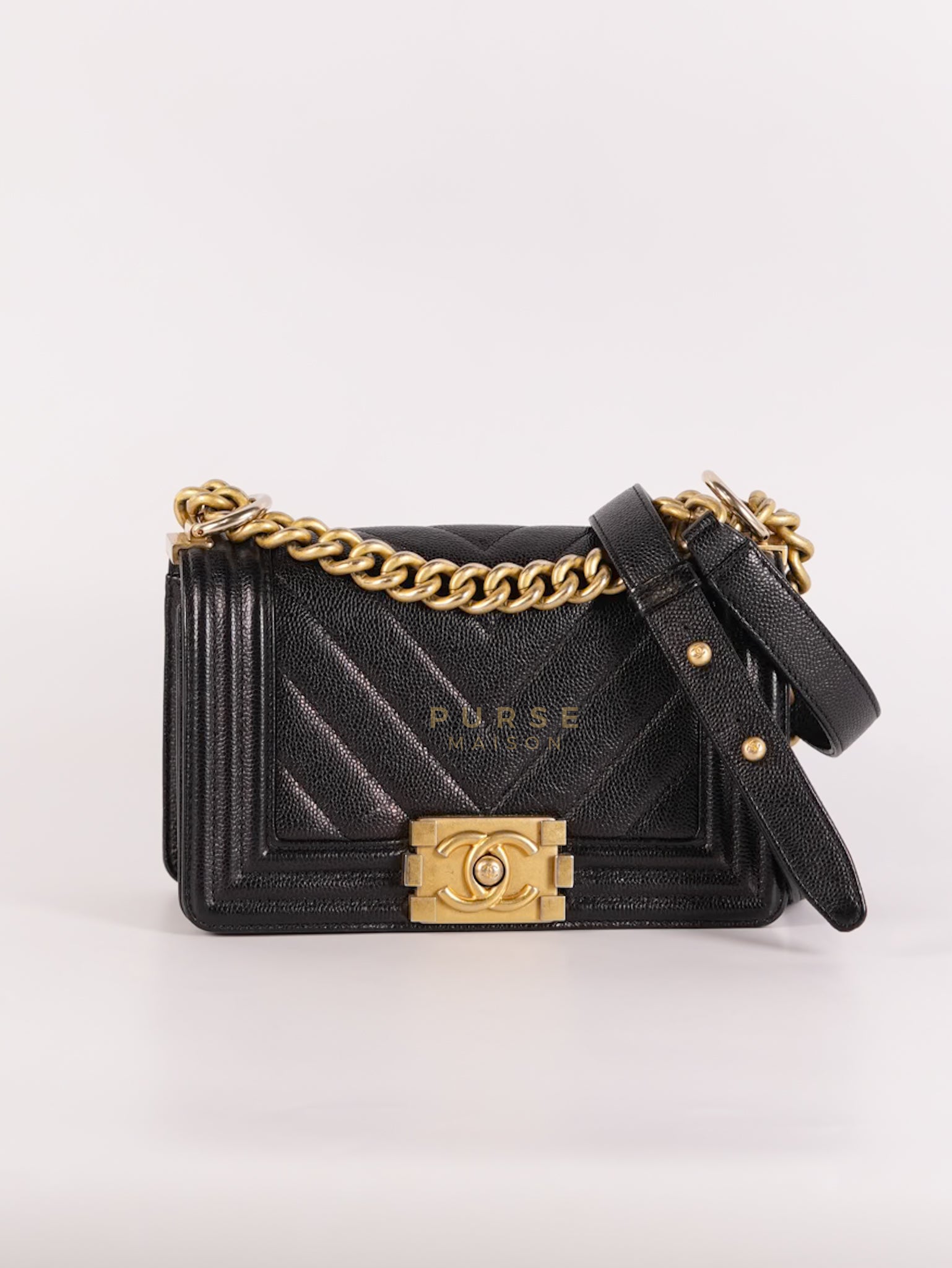 Boy Small Chevron in Black Caviar Leather and Aged Gold Hardware Series 24 | Purse Maison Luxury Bags Shop