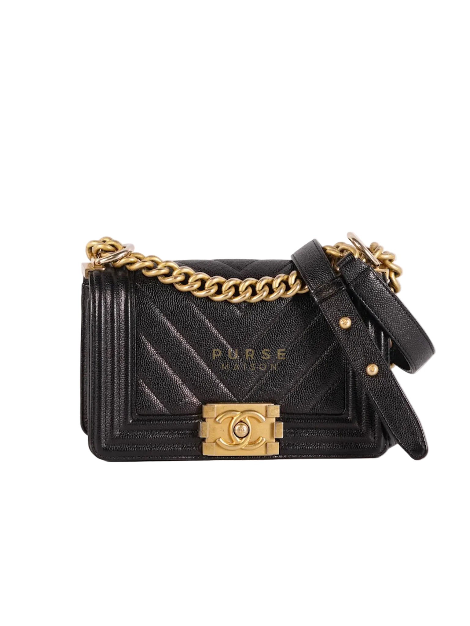 Boy Small Chevron in Black Caviar Leather and Aged Gold Hardware Series 24 | Purse Maison Luxury Bags Shop