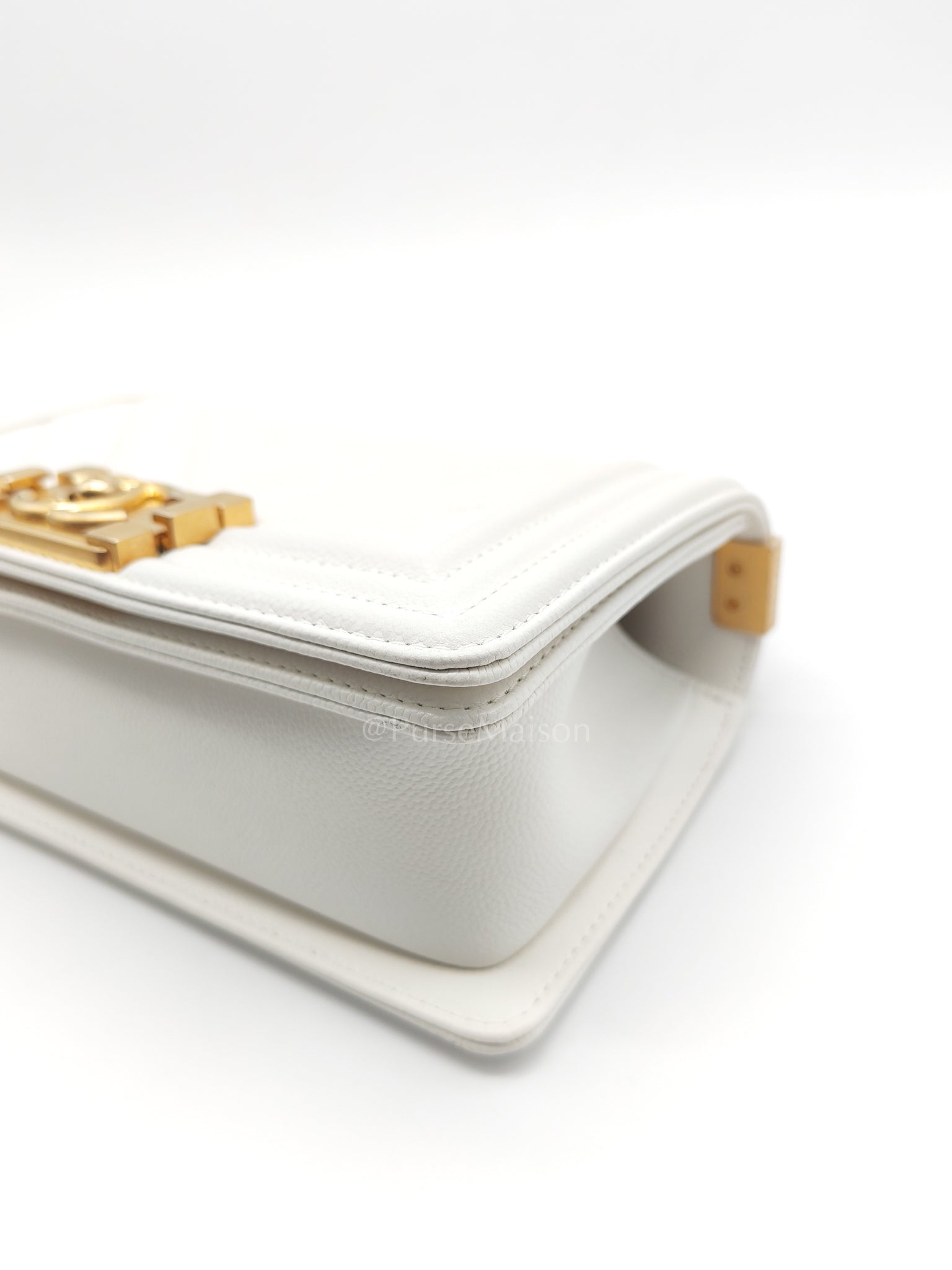 Le Boy Small Chevron White Caviar Leather in Aged Gold Hardware (Microchip) | Purse Maison Luxury Bags Shop