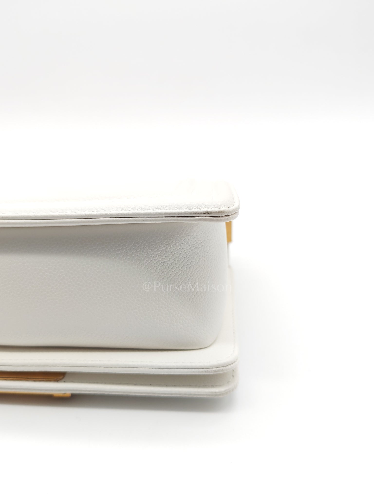 Le Boy Small Chevron White Caviar Leather in Aged Gold Hardware (Microchip) | Purse Maison Luxury Bags Shop