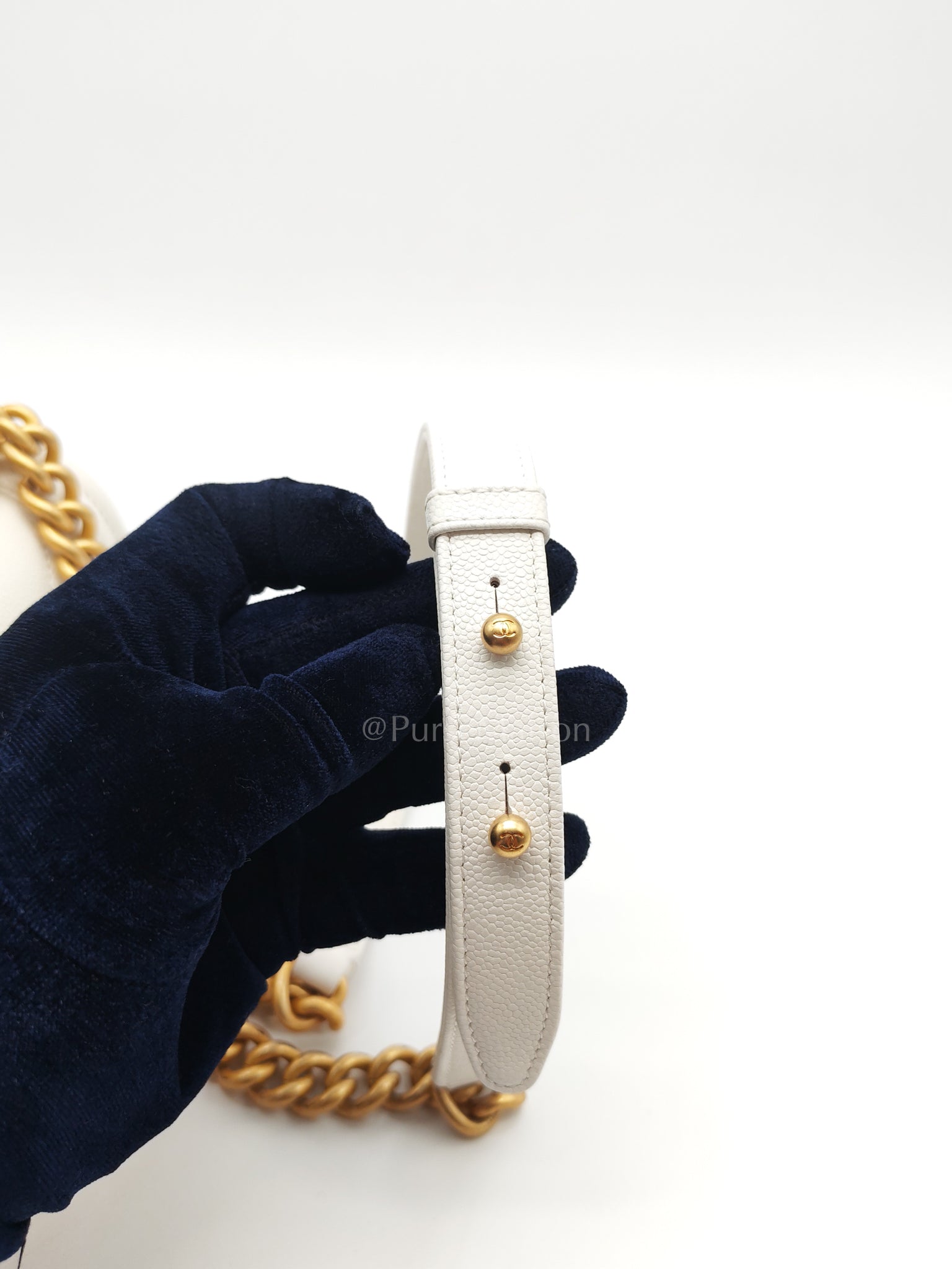 Le Boy Small Chevron White Caviar Leather in Aged Gold Hardware (Microchip) | Purse Maison Luxury Bags Shop