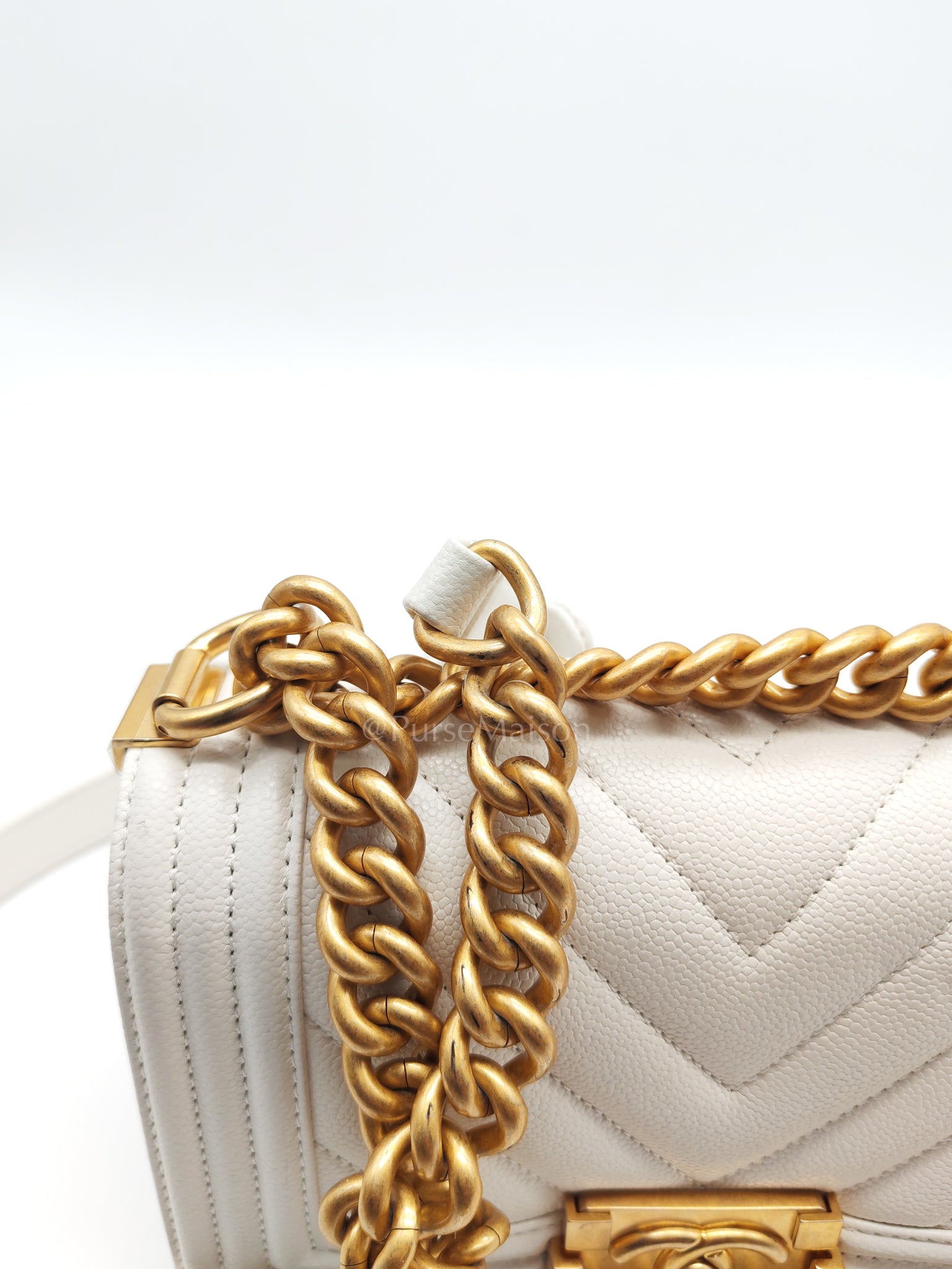 Le Boy Small Chevron White Caviar Leather in Aged Gold Hardware (Microchip) | Purse Maison Luxury Bags Shop