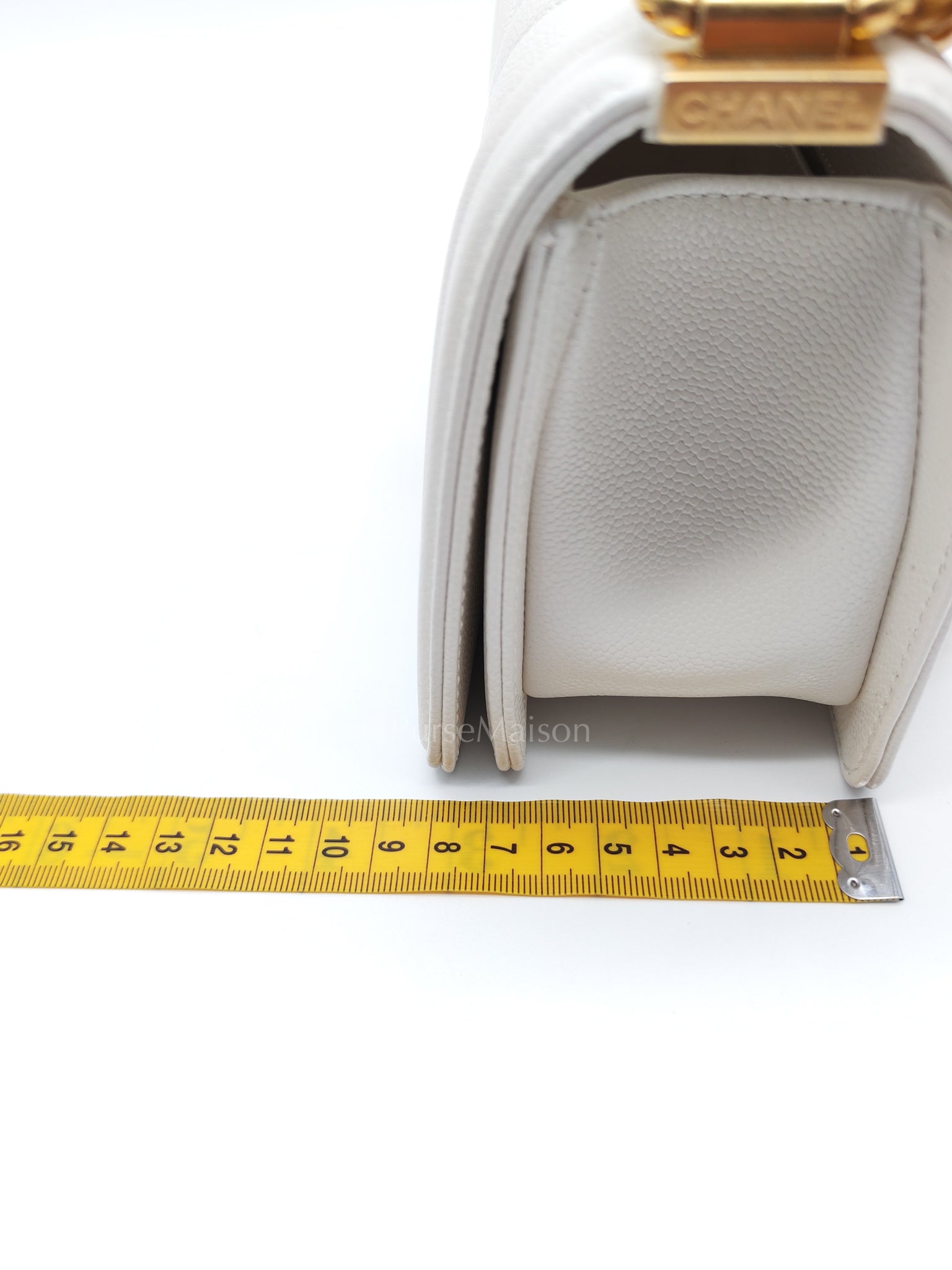Le Boy Small Chevron White Caviar Leather in Aged Gold Hardware (Microchip) | Purse Maison Luxury Bags Shop
