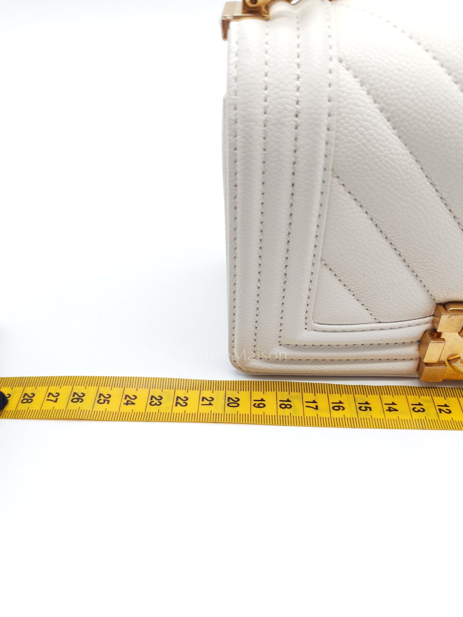 Le Boy Small Chevron White Caviar Leather in Aged Gold Hardware (Microchip) | Purse Maison Luxury Bags Shop
