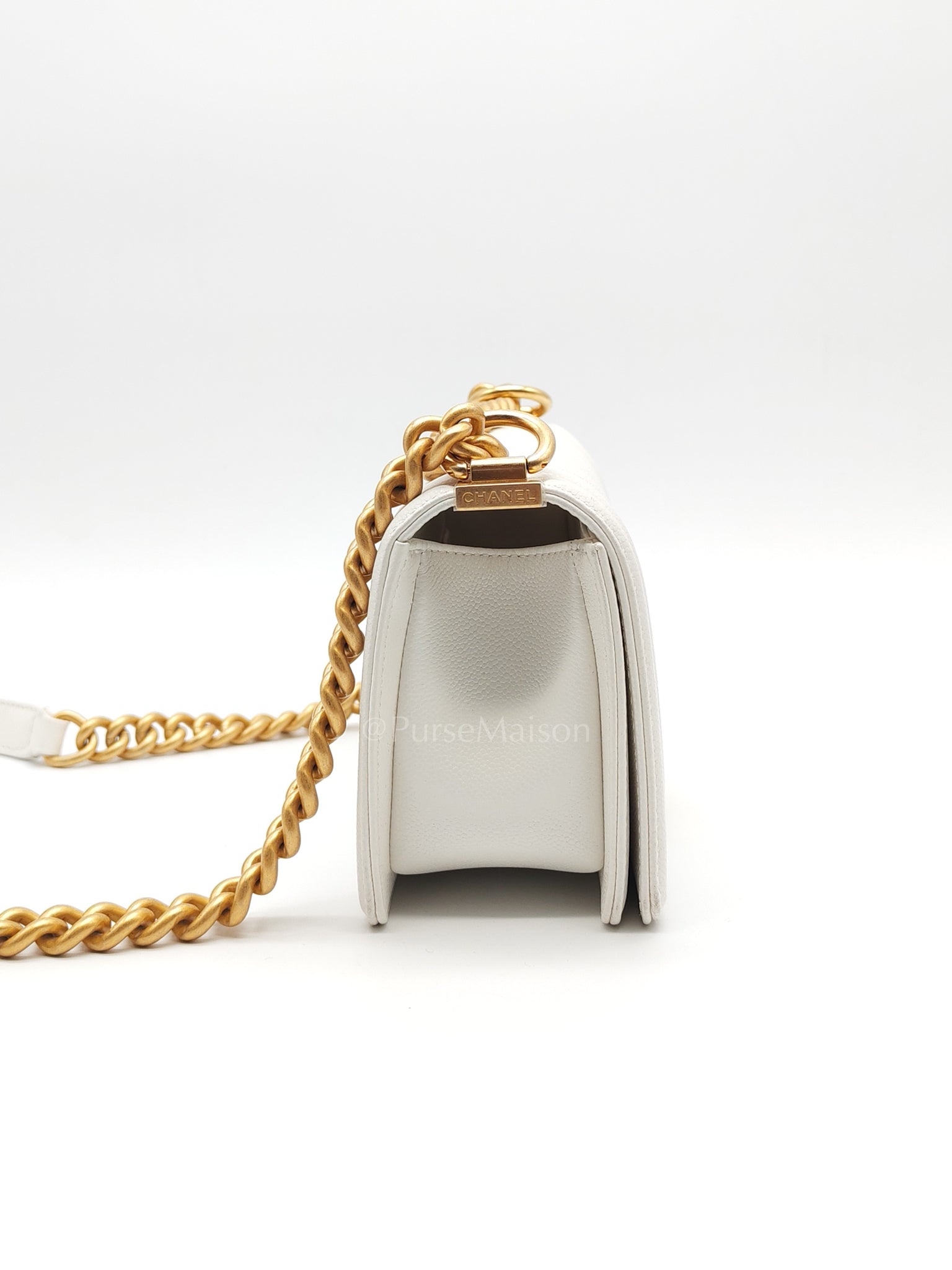 Le Boy Small Chevron White Caviar Leather in Aged Gold Hardware (Microchip) | Purse Maison Luxury Bags Shop