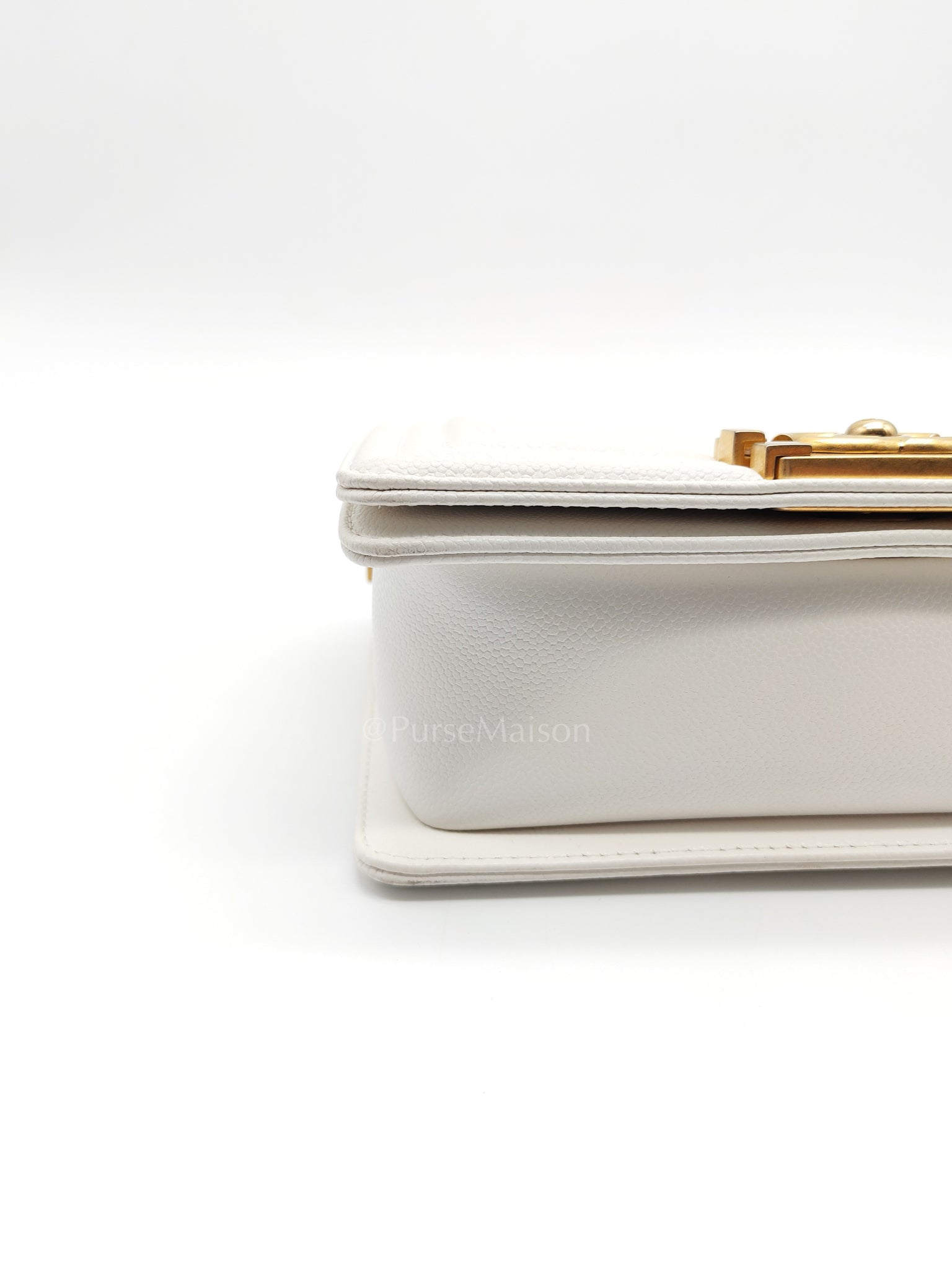 Le Boy Small Chevron White Caviar Leather in Aged Gold Hardware (Microchip) | Purse Maison Luxury Bags Shop