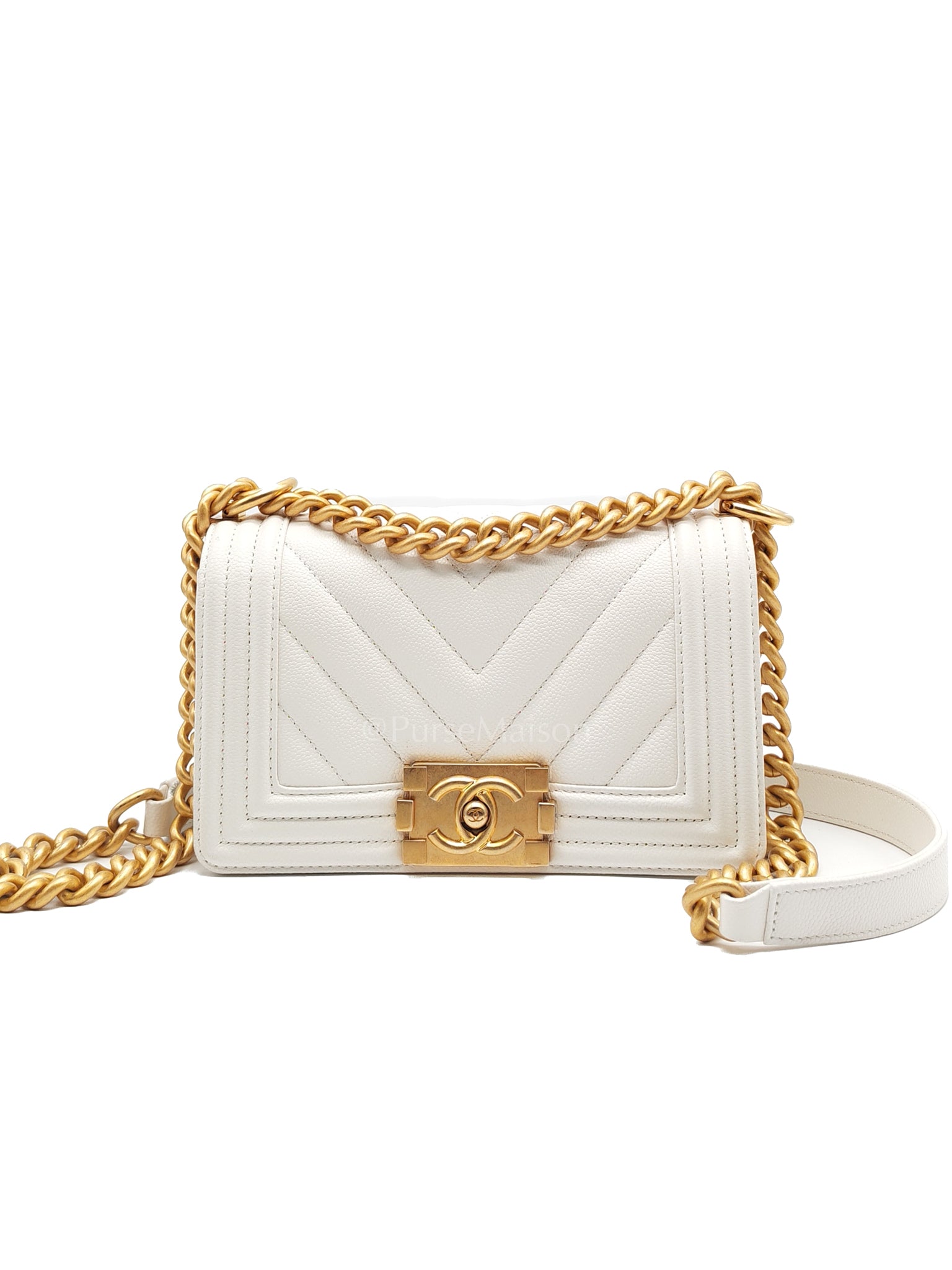 Le Boy Small Chevron White Caviar Leather in Aged Gold Hardware (Microchip) | Purse Maison Luxury Bags Shop