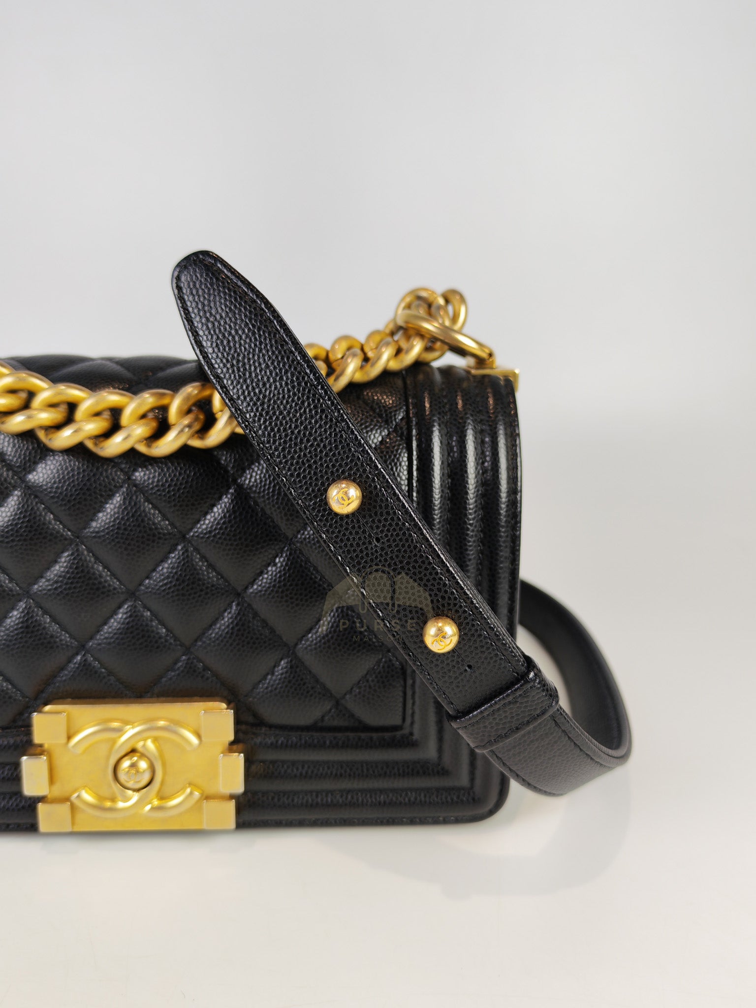 Boy Small in Black Caviar Leather & Age Gold Hardware Microchip | Purse Maison Luxury Bags Shop