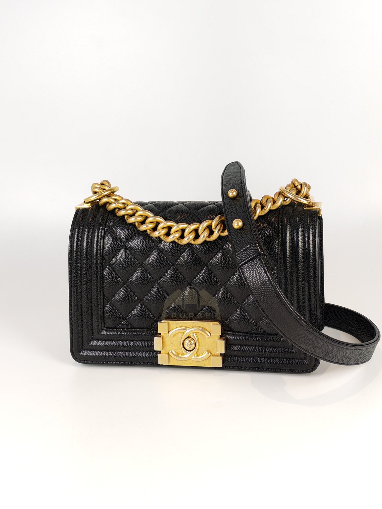 Boy Small in Black Caviar Leather & Age Gold Hardware Microchip | Purse Maison Luxury Bags Shop
