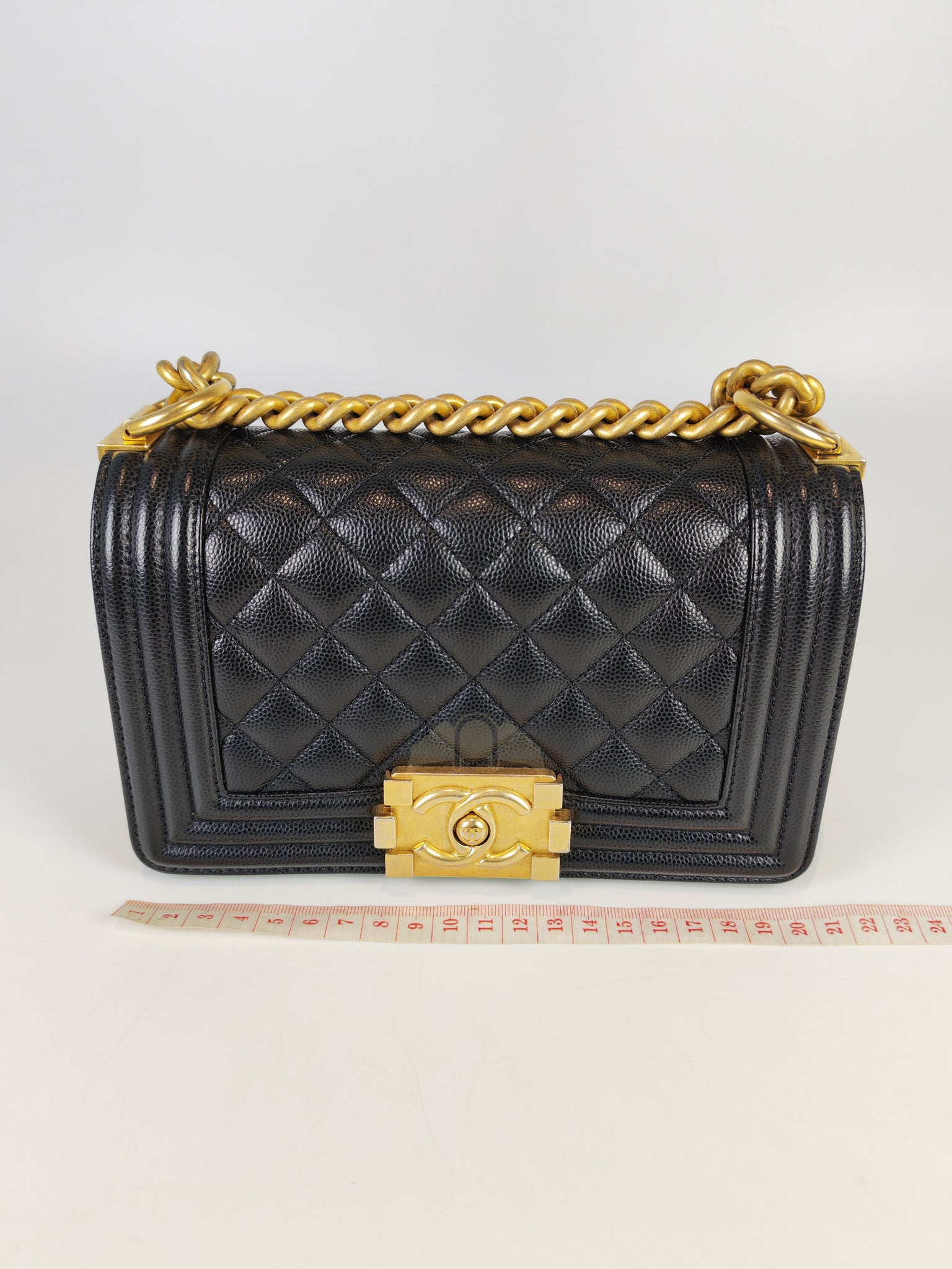 Boy Small in Black Caviar Leather & Age Gold Hardware Microchip | Purse Maison Luxury Bags Shop