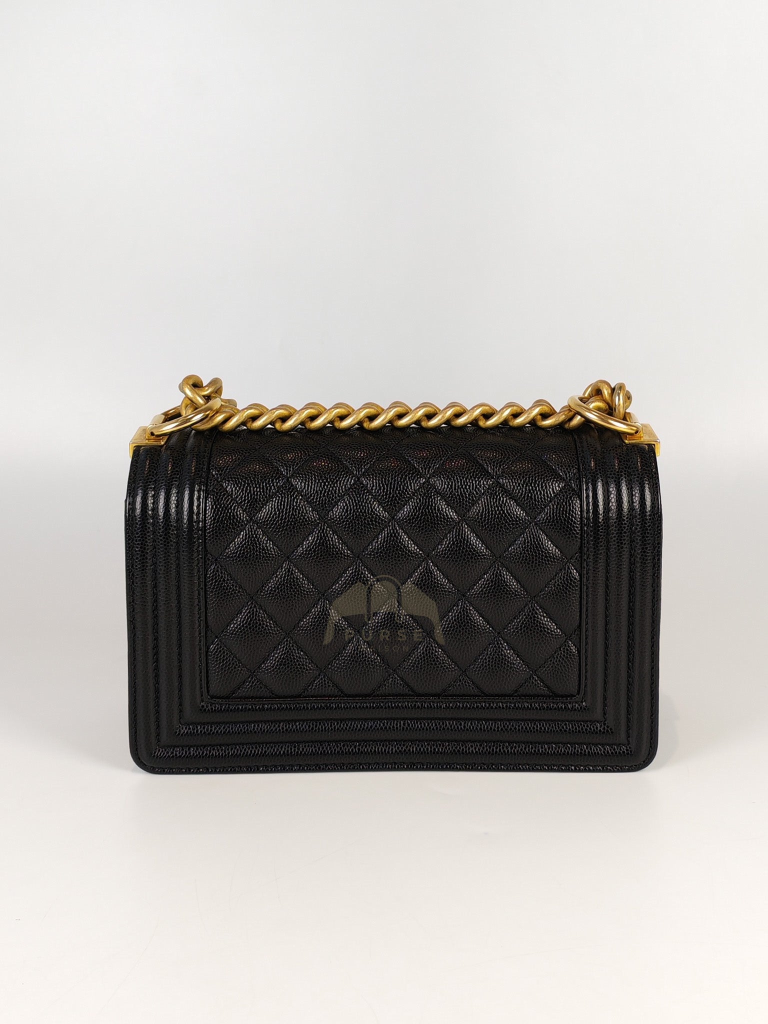 Boy Small in Black Caviar Leather & Age Gold Hardware Microchip | Purse Maison Luxury Bags Shop